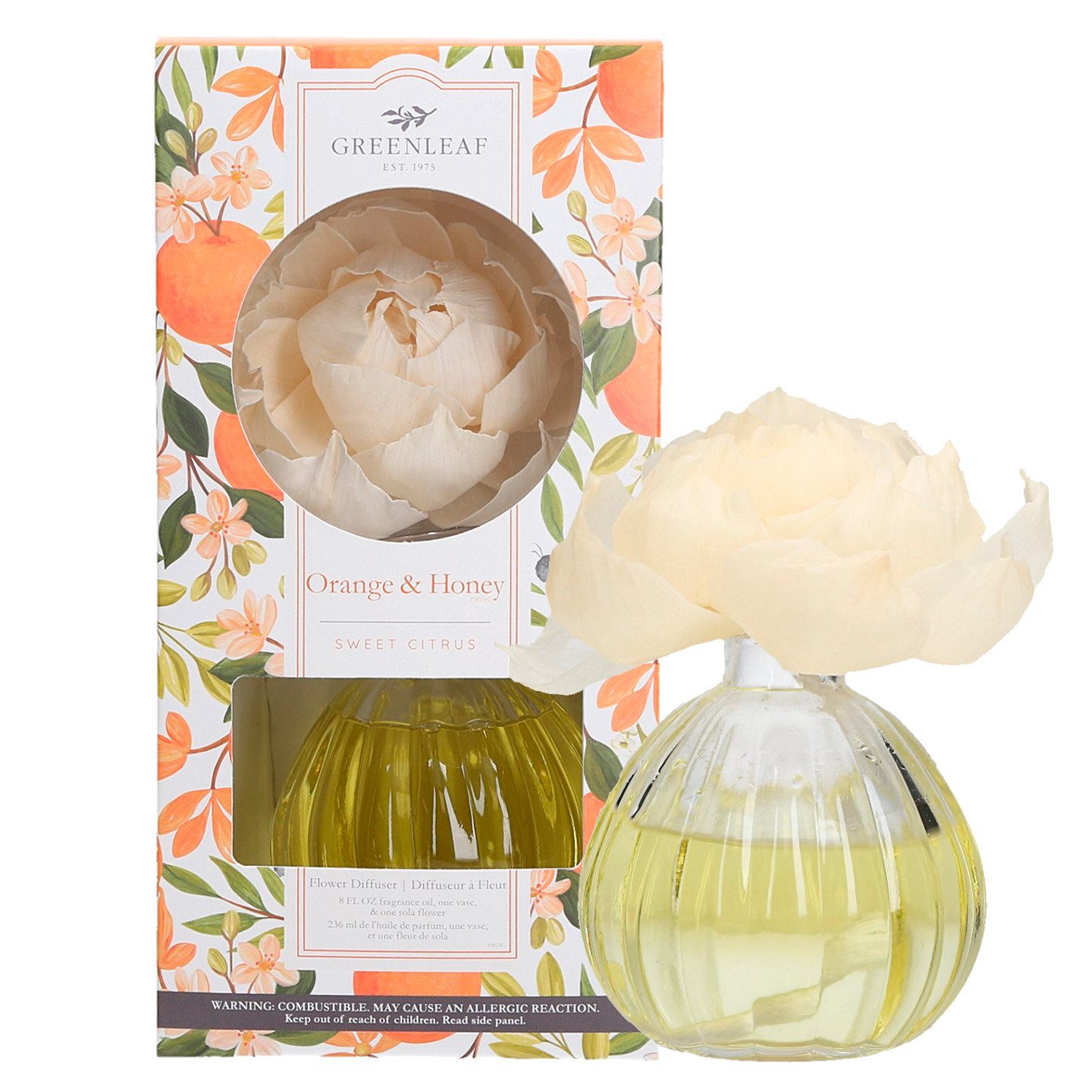 Greenleaf Raumduft Orange & Honey 236 ml (1-St), Diffuser mit Docht und Blume als Duftträger
