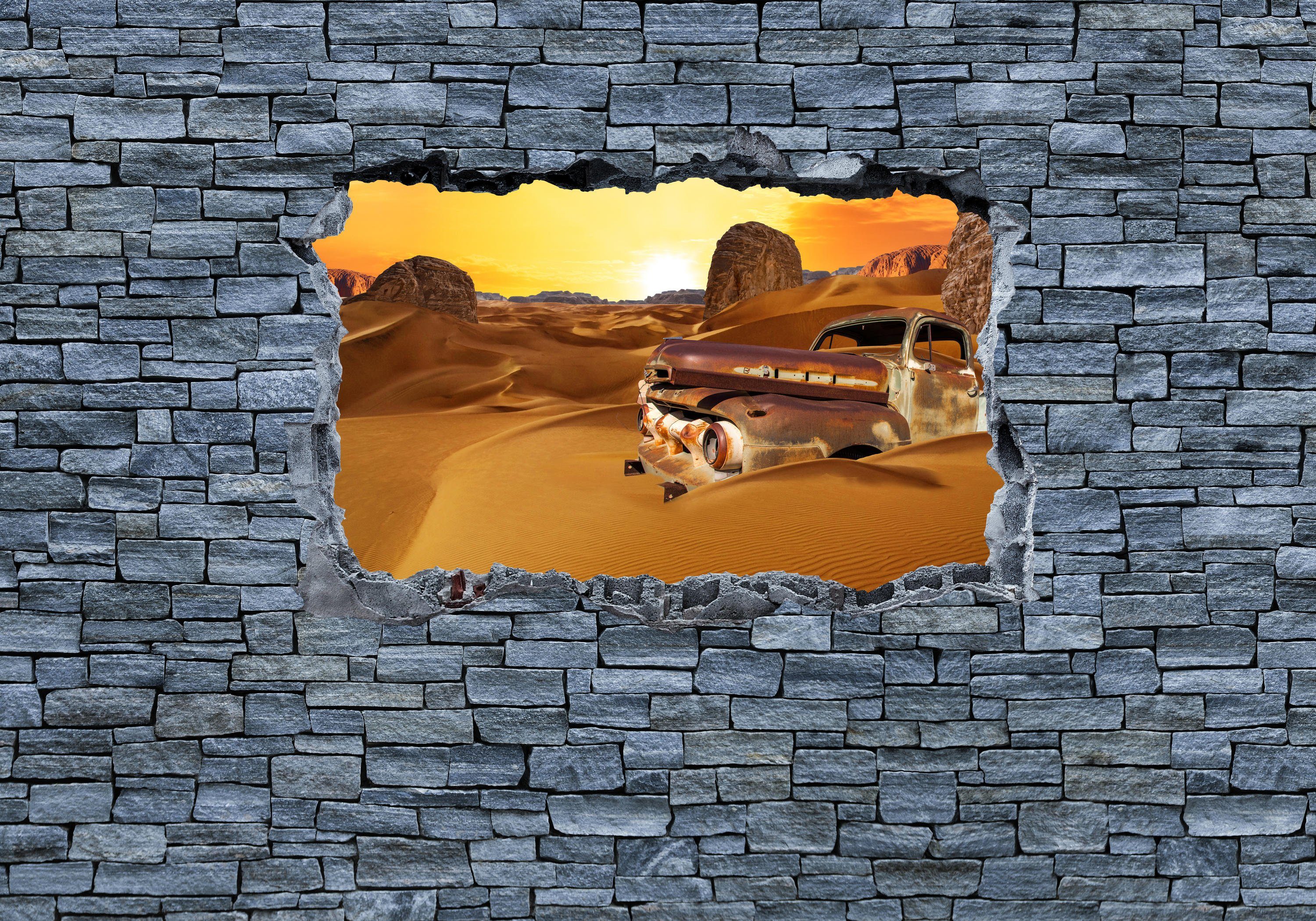 wandmotiv24 Fototapete 3D Altes Auto in der Wüste- grobe Steinmauer, glatt, Wandtapete, Motivtapete, matt, Vliestapete