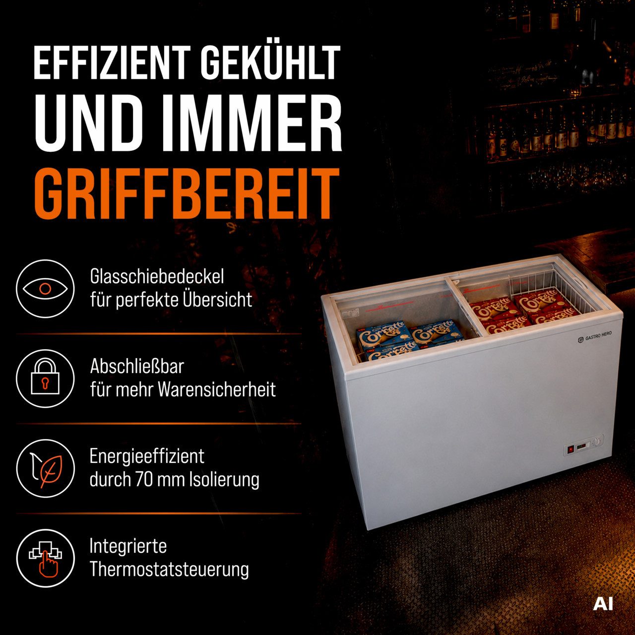 GastroHero Gefriertruhe Tiefkühltruhe ECO 200 mit Glasschiebedeckel TKTR-ECO200N, 96 cm breit, 197 l, 70 mm Isolierung, statische Kühlung, mechanisches Thermost – Bild 3 von 5