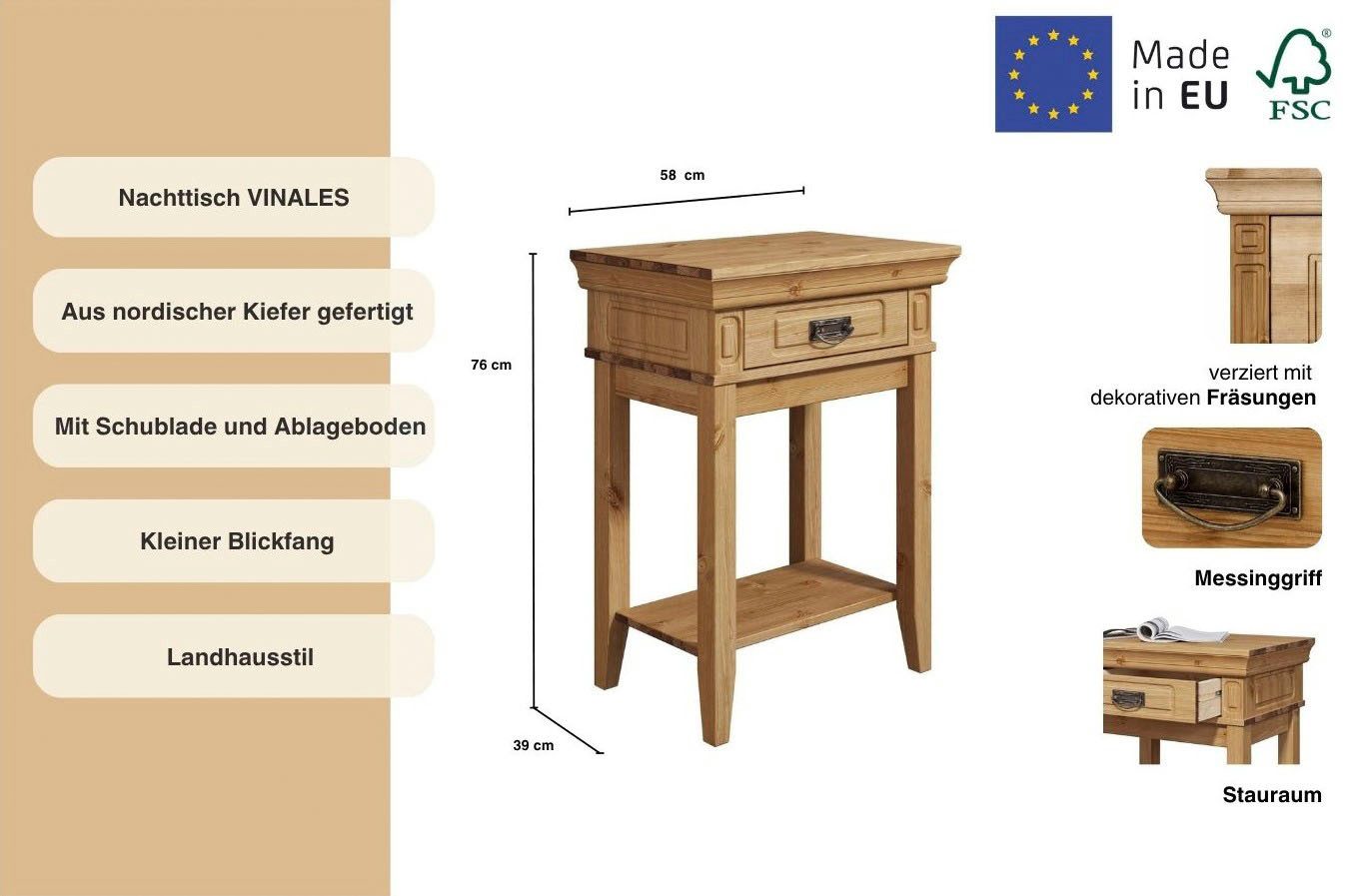 OTTO home Nachttisch Vinales; Konsolentisch, Beistelltisch ideal für Boxspringbetten, Aus massiver Kiefer, mit Fräsungen