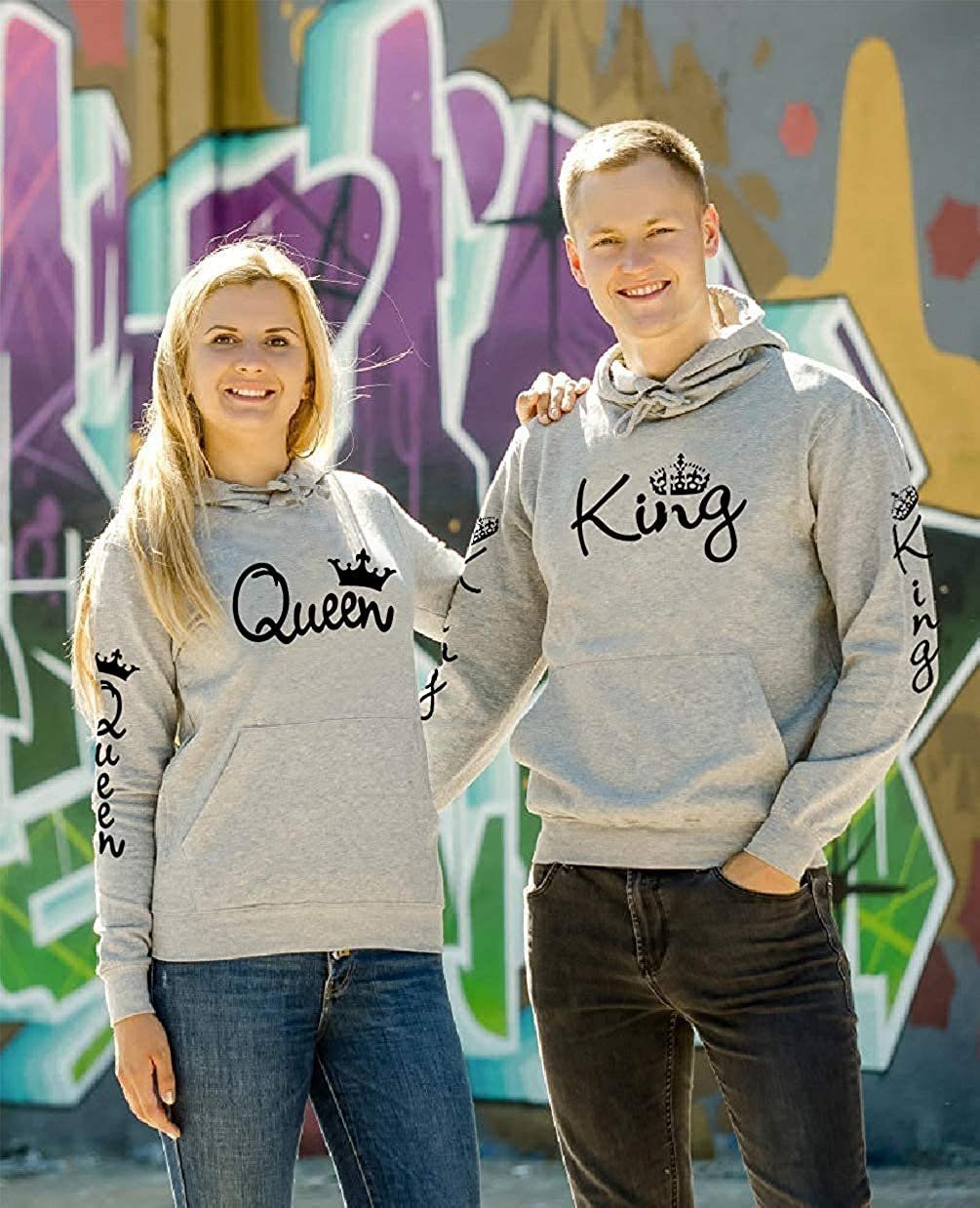 & / Hoodie Pullover Shop Print trendigem im KING Partner Look Couples King Kapuzenpullover mit Grau Paare für Queen