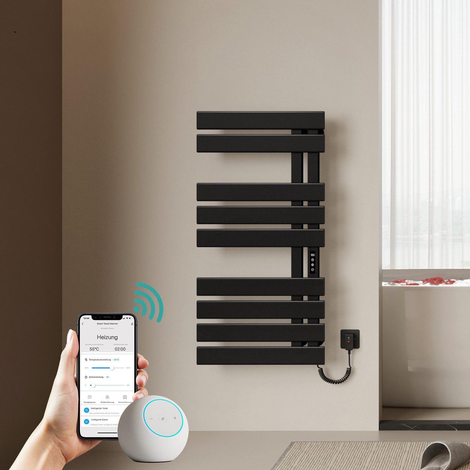 EMKE Elektrischer Badheizkörper Handtuchtrockner mit Smart Thermostat WLAN-/App-Steuerung Timer, Handtuchtrockner Flach Badheizkörper Links 100×50 cm Weiß