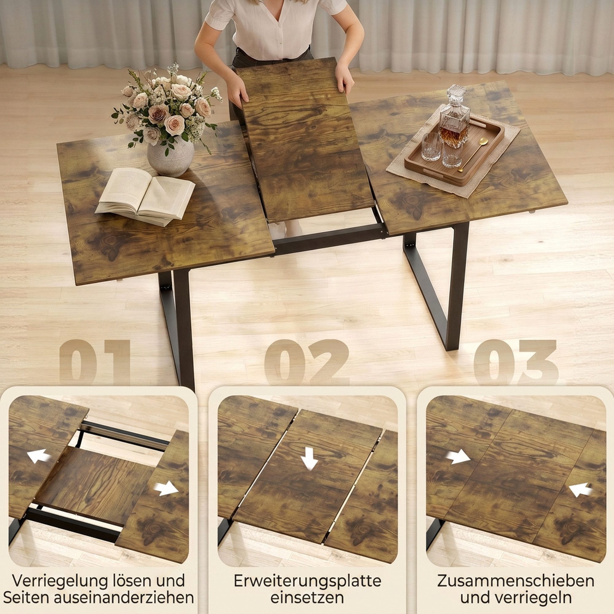 HOMCOM Esstisch ausziehbar Industrial Tisch mit Tischbeine aus Stahl für 6-8 Personen (Esszimmertisch, 1-St., Küchentisch), für Esszimmer, Küche, Rustikal-Braun – Bild 5 von 5