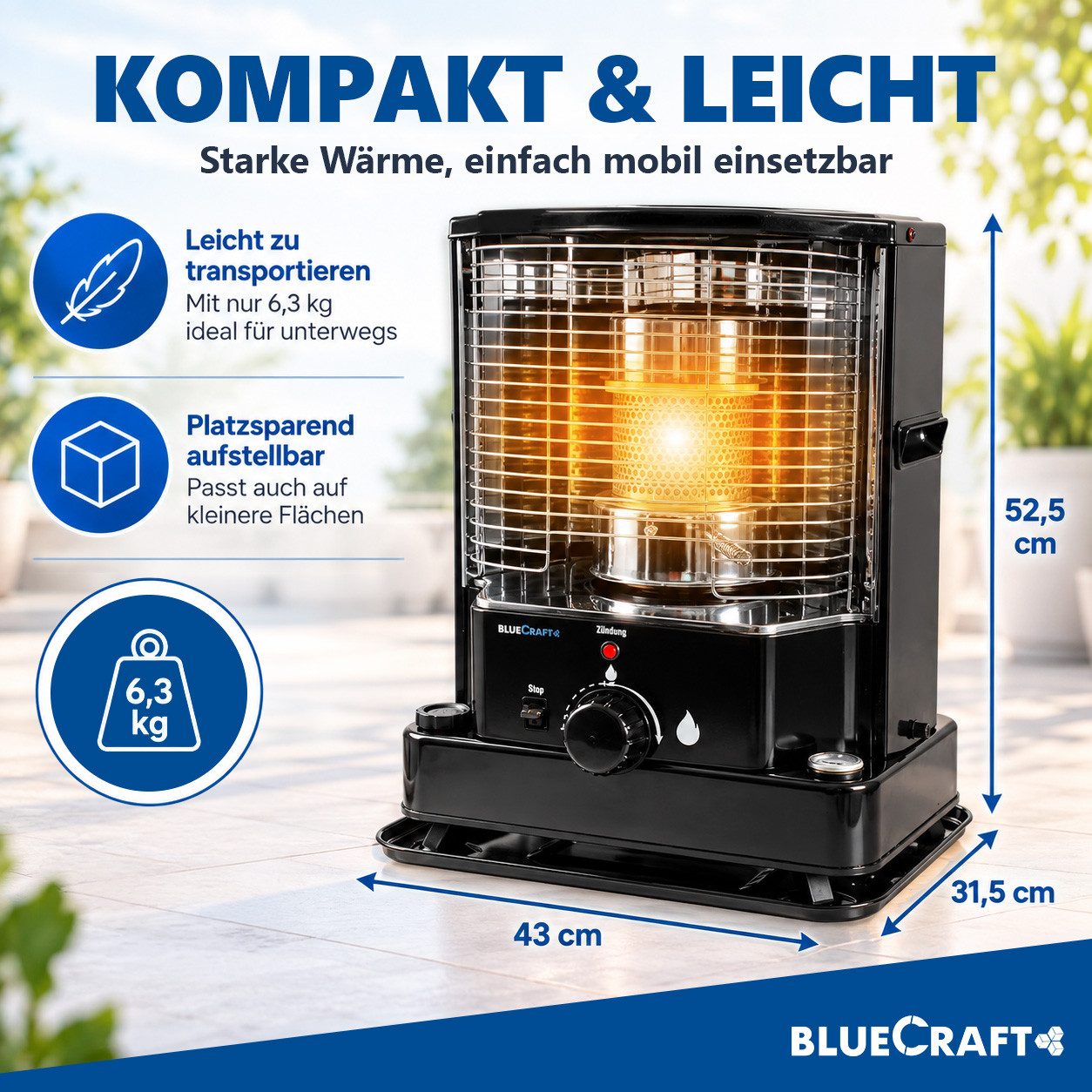 BlueCraft Petroleumheizung Petroleumofen Dochtofen mobile Camping-Heizung Heizofen ohne Strom, Inklusive Docht und Handpumpe Heizstrahler sparsam Heizer Heizger – Bild 3 von 5