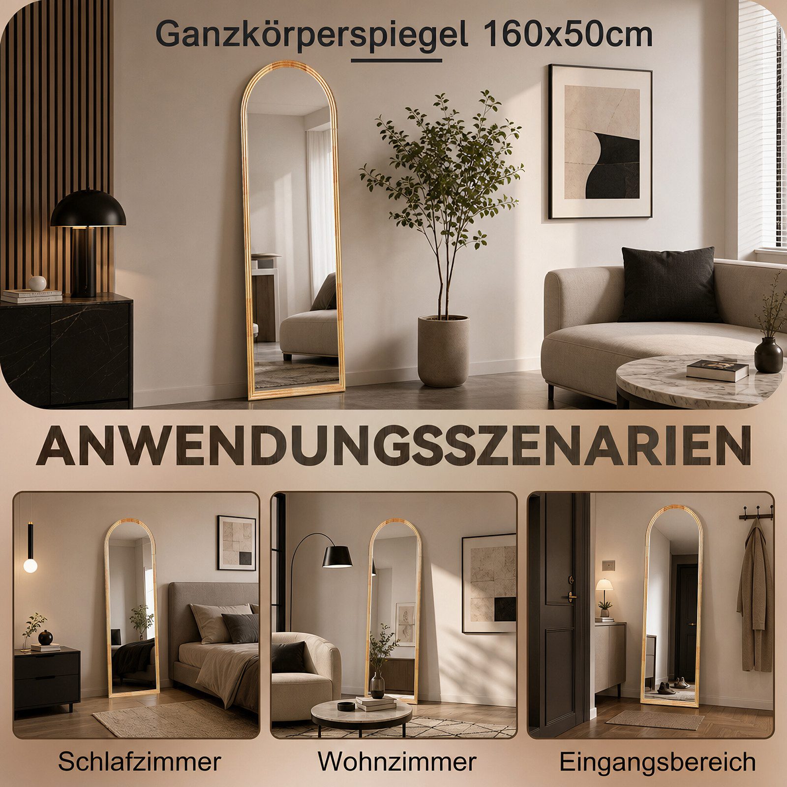 BBWL Ganzkörperspiegel 160 x 50 cm, Großer Standspiegel, mit stabilem Standfuß, Holzrahmen in Bogenform,HD Spiegelglas, stabiler Rahmen – Bild 4 von 5