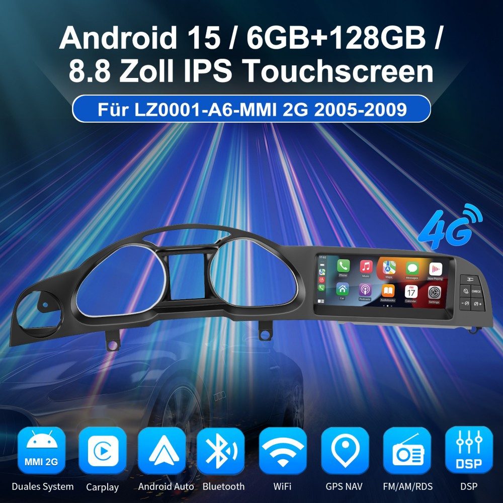 ESSGOO Android 15 6+128G Carplay Autoradio Für Audi A6 C6 4F MMI 2G 2005-2009 Autoradio (Digitalradio (DAB), FM, AM, RDS, SWC, Navi DSP 4G LTE 8-Kern)
