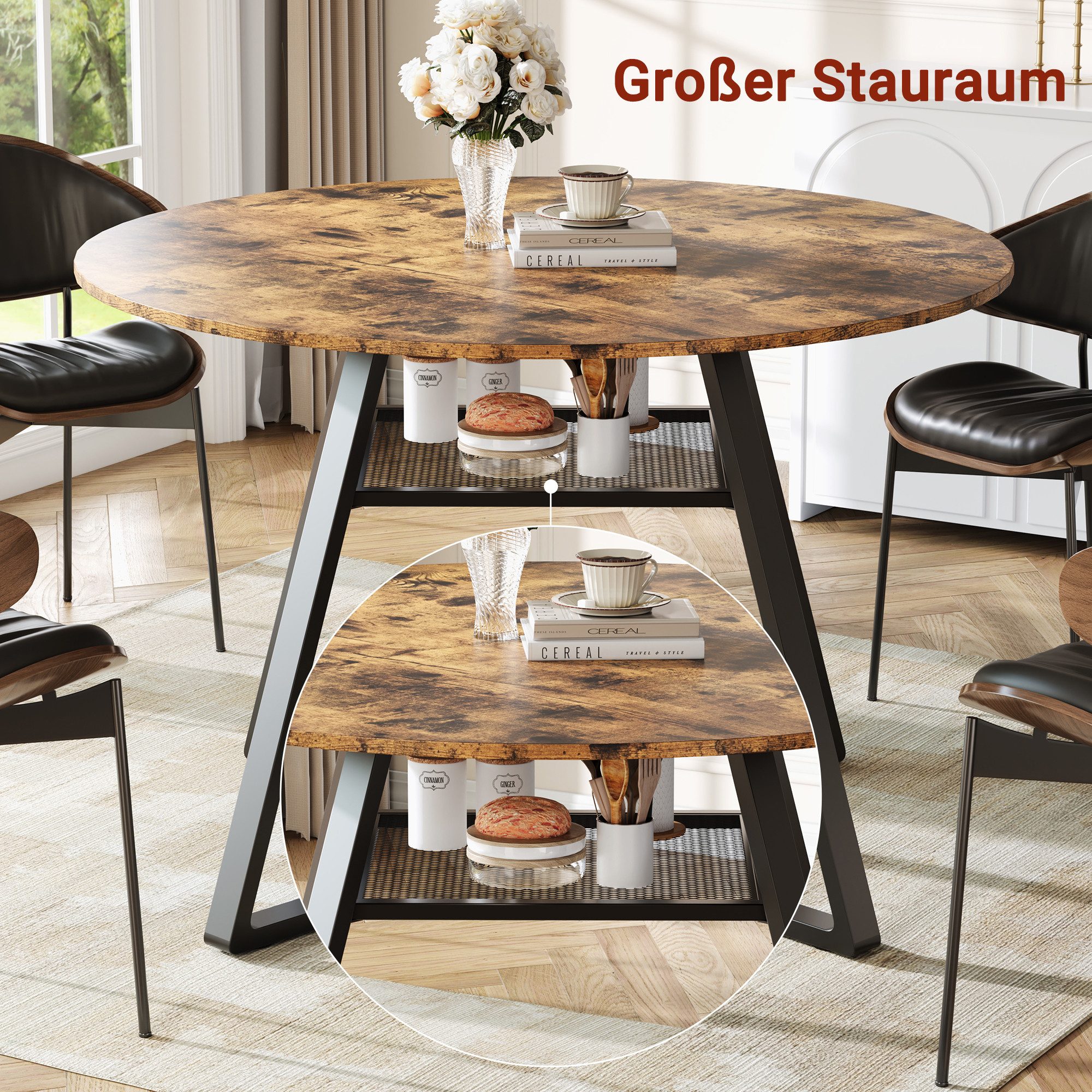BELUPAI Esstisch Runder Esszimmertisch mit Stauraum (Set, 1-St., Metallgestell,4-6 Personen Ø120 cm Küchentisch für Wohnzimmer), Bruan – Bild 4 von 5