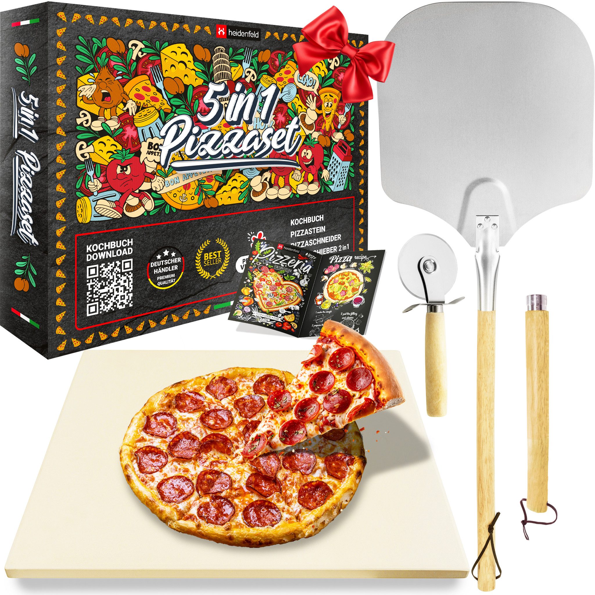 Heidenfeld Pizzastein 5in1 Pizza Set inkl. Pizzaschieber, Pizzaschneider & Rezeptbuch, Pizzastein aus Cordierit, (Pizza backen, 5-St., Pizzastein, Pizza Ofen, Pizza Pfanne), Pizzastein für Grill