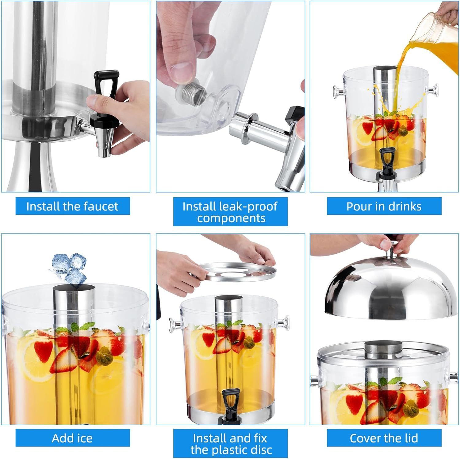 GarveeMore Getränkespender 8L mit Eiskern,Kaltgetränkespender aus Edelstahl mit Ständer, Zapfhahn und Abtropfschale für Limonade,Eistee,Saft,Partys,Hochzeiten