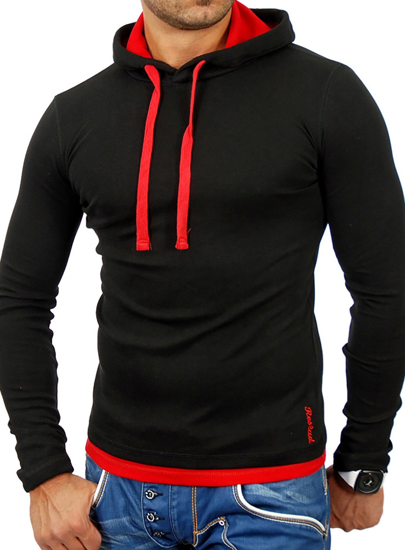 Reslad Sweatshirt Reslad Herren Kapuzen Sweatshirt RS-1003 (1-tlg) Kapuzensweatshirt Layer-Look schwarz-rot