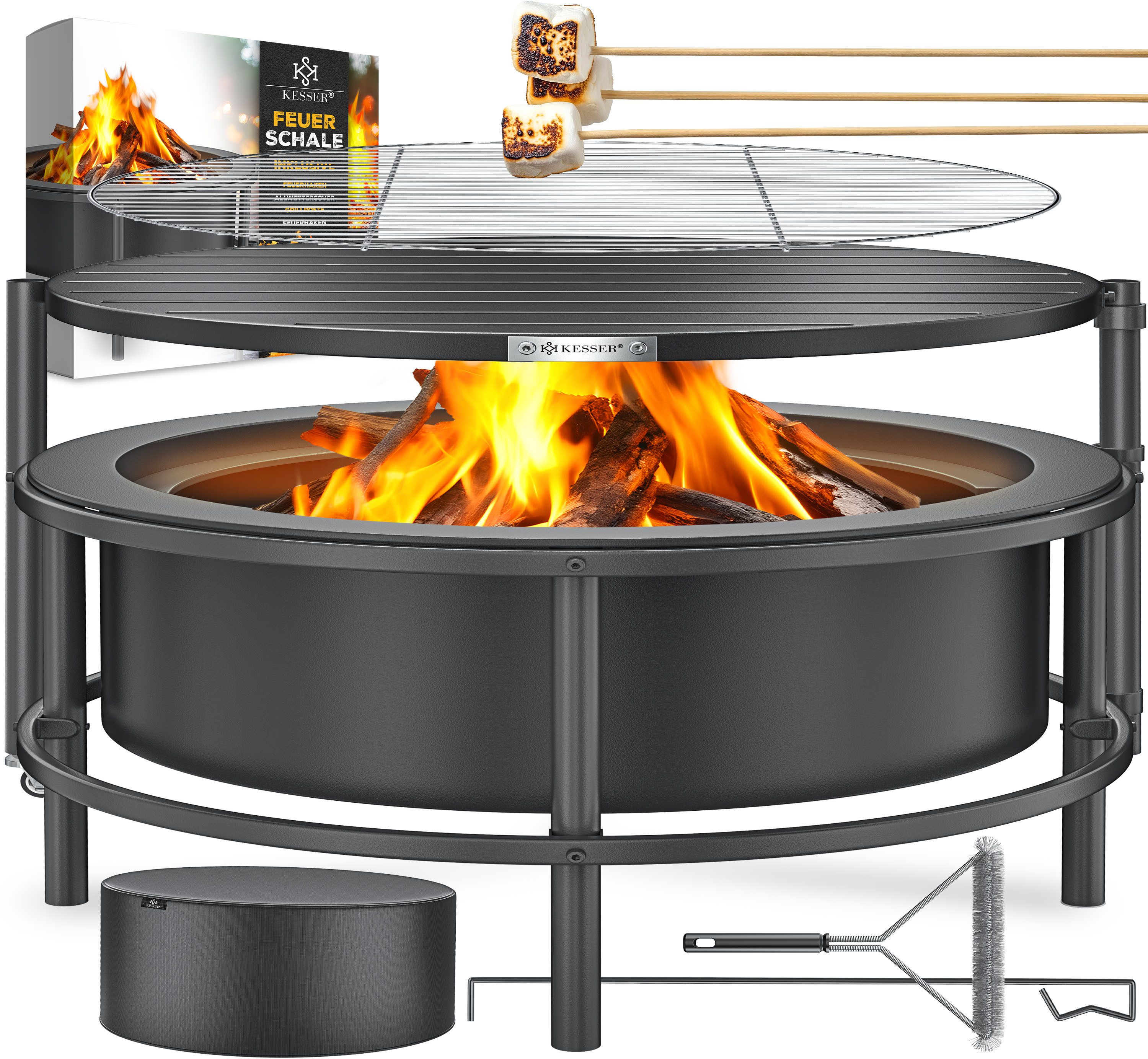 KESSER Feuerschale Ø65cm Feuerstelle aus kaltveredeltem Stahl mit 0,6mm Stahldicke, (Feuerkorb inkl Grillrost, Feuerhaken aus Gusseisen, Bürste & Abdeckung), Feuertonne mit Rad & Feststell-Bremse, Lagerfeuer mit Holz & Kohle