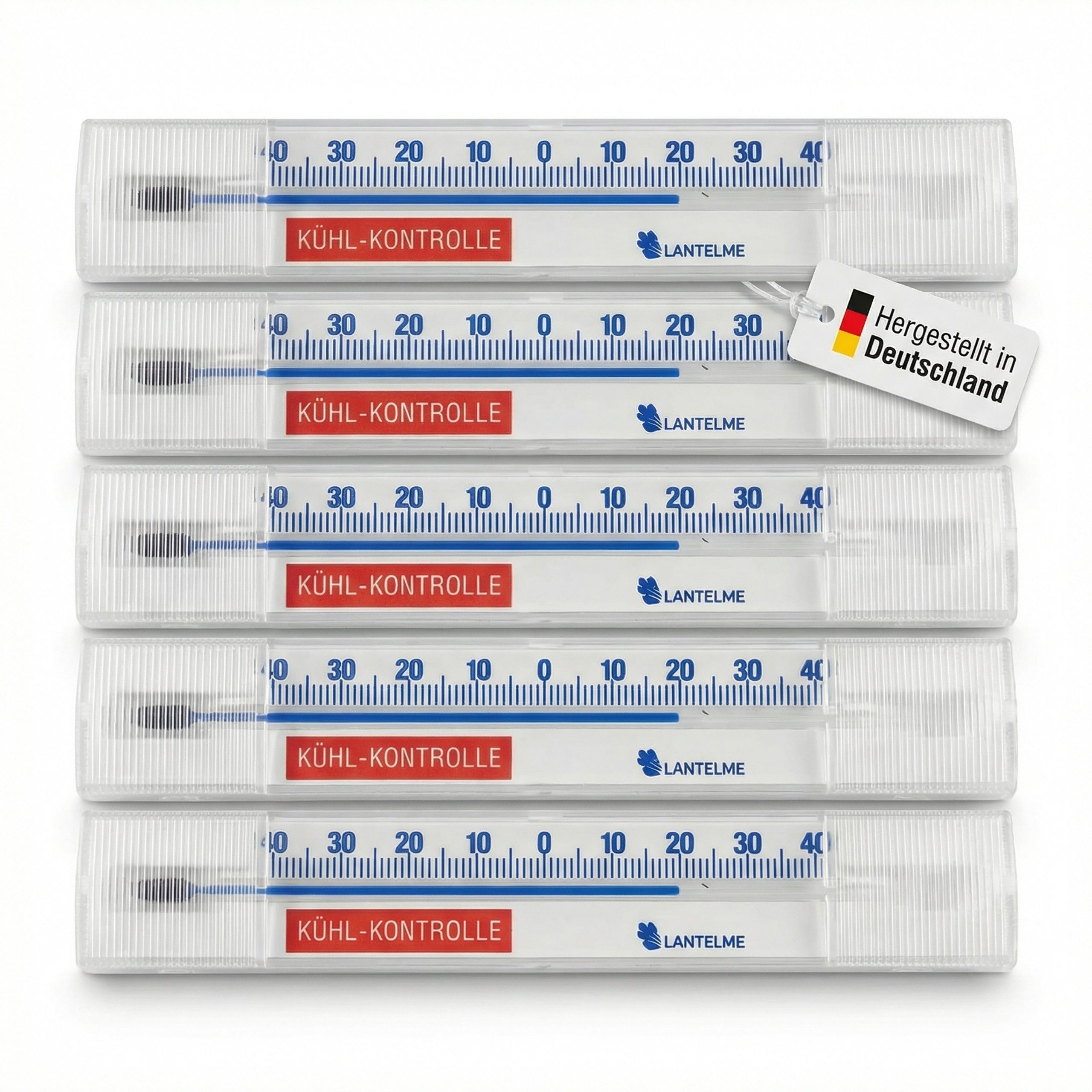 Lantelme Kühlschrankthermometer 5 Stück Set Waagrecht Selbstklebend Gefrierschrank Thermometer, 5-tlg., 5 Kühlschrank Thermometer im Set, Temperatur + - 40°C Analog, 14 cm, Deutsche Herstellung