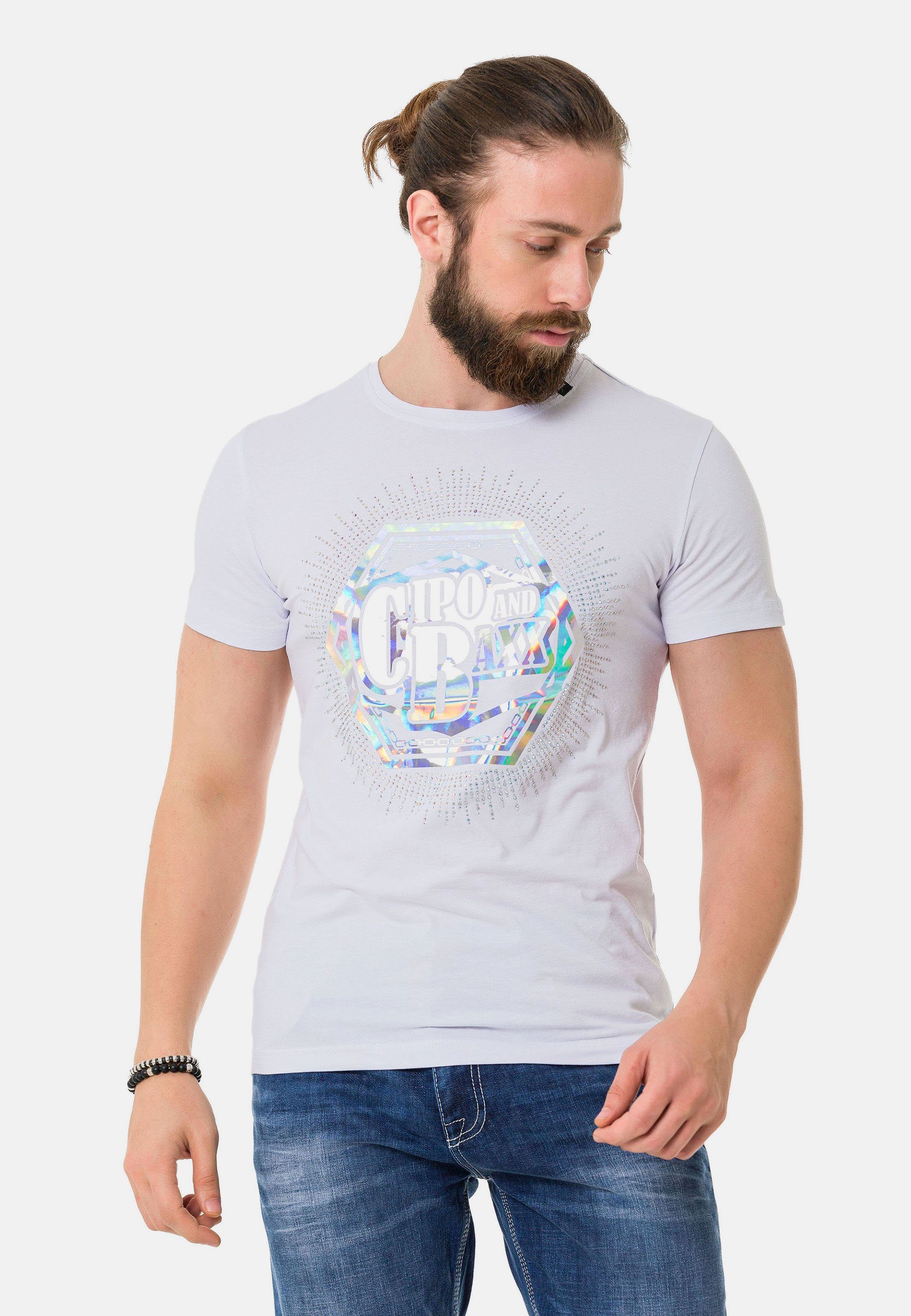 Cipo & Baxx T-Shirt mit farbenfrohem Marken-Schriftzug weiß