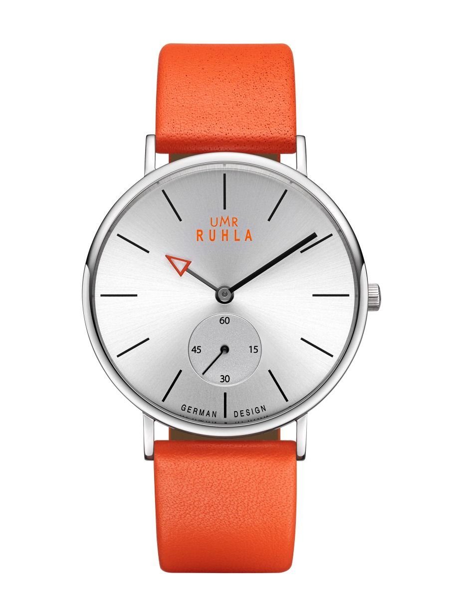 UMR Ruhla Quarzuhr Style Damenuhr 30168-1 Silbern Lederband Orange 40 mm