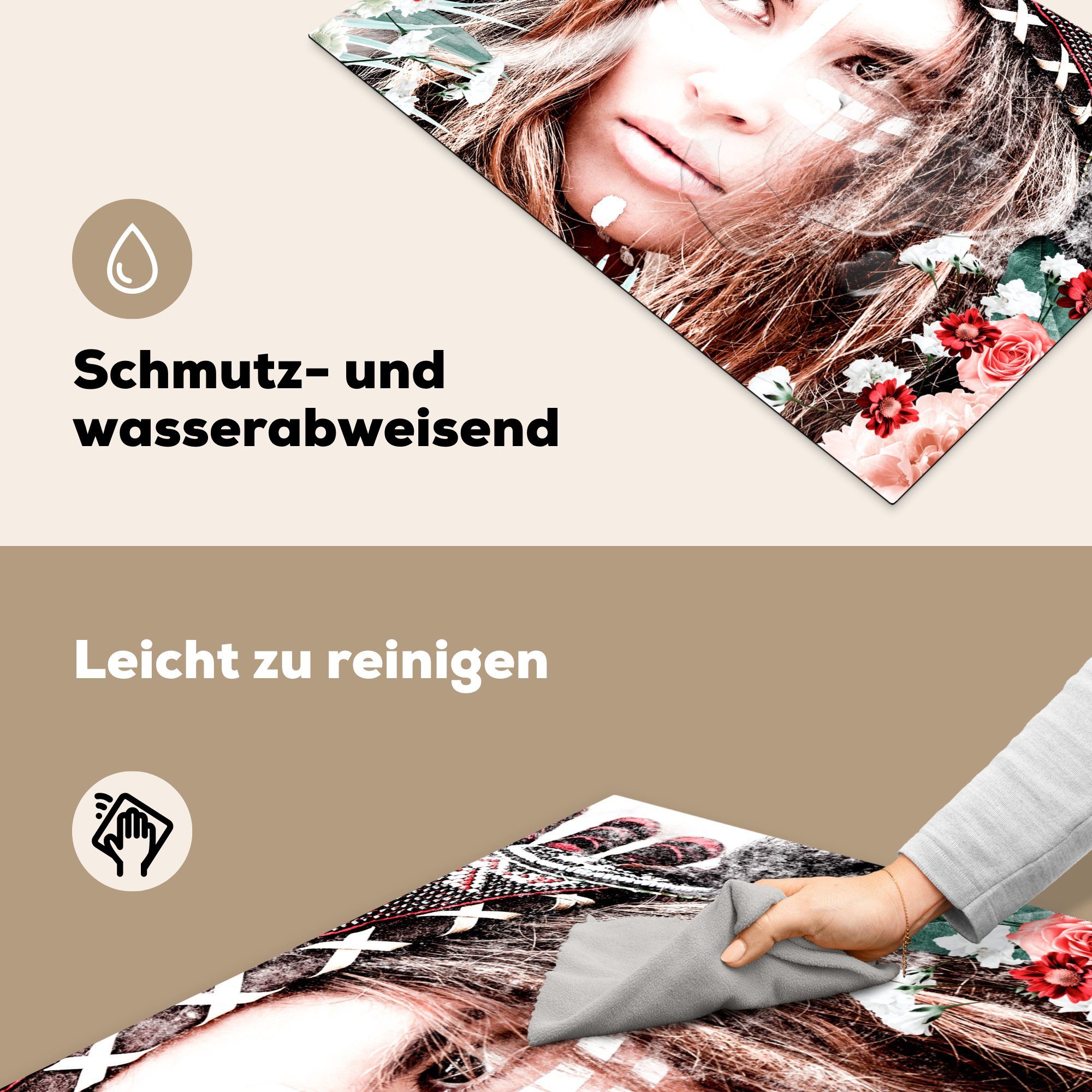 Vinyl, Arbeitsplatte (1 Kopfschmuck 81x52 küche MuchoWow Ceranfeldabdeckung, - Blumen Frau - - cm, für Herdblende-/Abdeckplatte Rosen Blumen, tlg), - Indischer