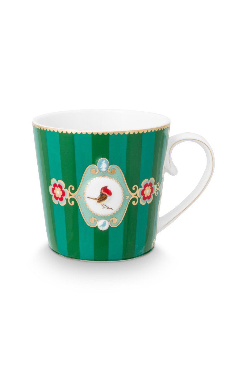 PiP Studio Becher Love Birds Medallion Henkelbecher Stripes grün 250ml, Bone China, Mug Large Love Birds Medallion Stripes Emerald-Green 250ml