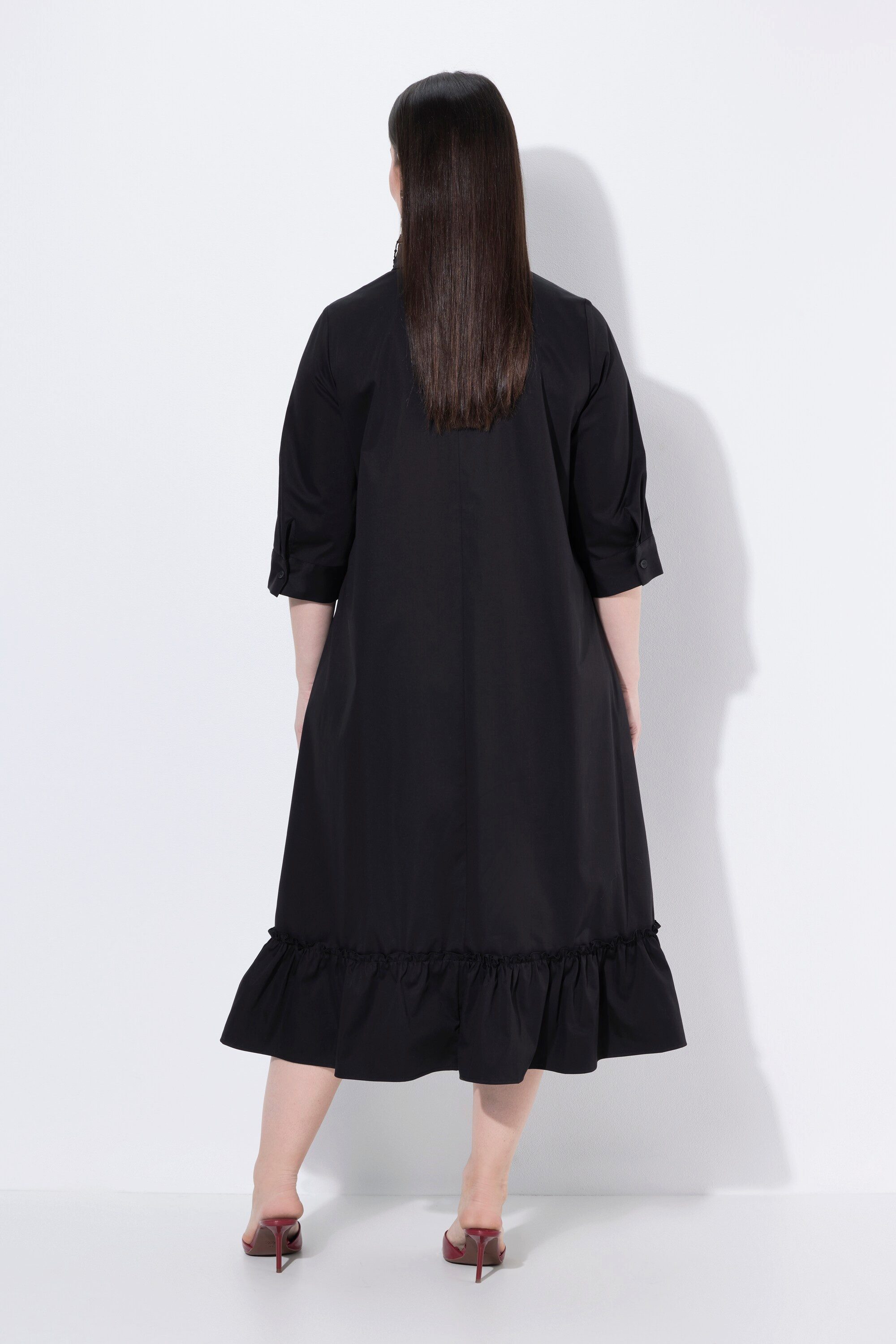 Ulla Popken Maxikleid Maxikleid Ginkgo-Stickerei Hemdkragen 3/4-Arm