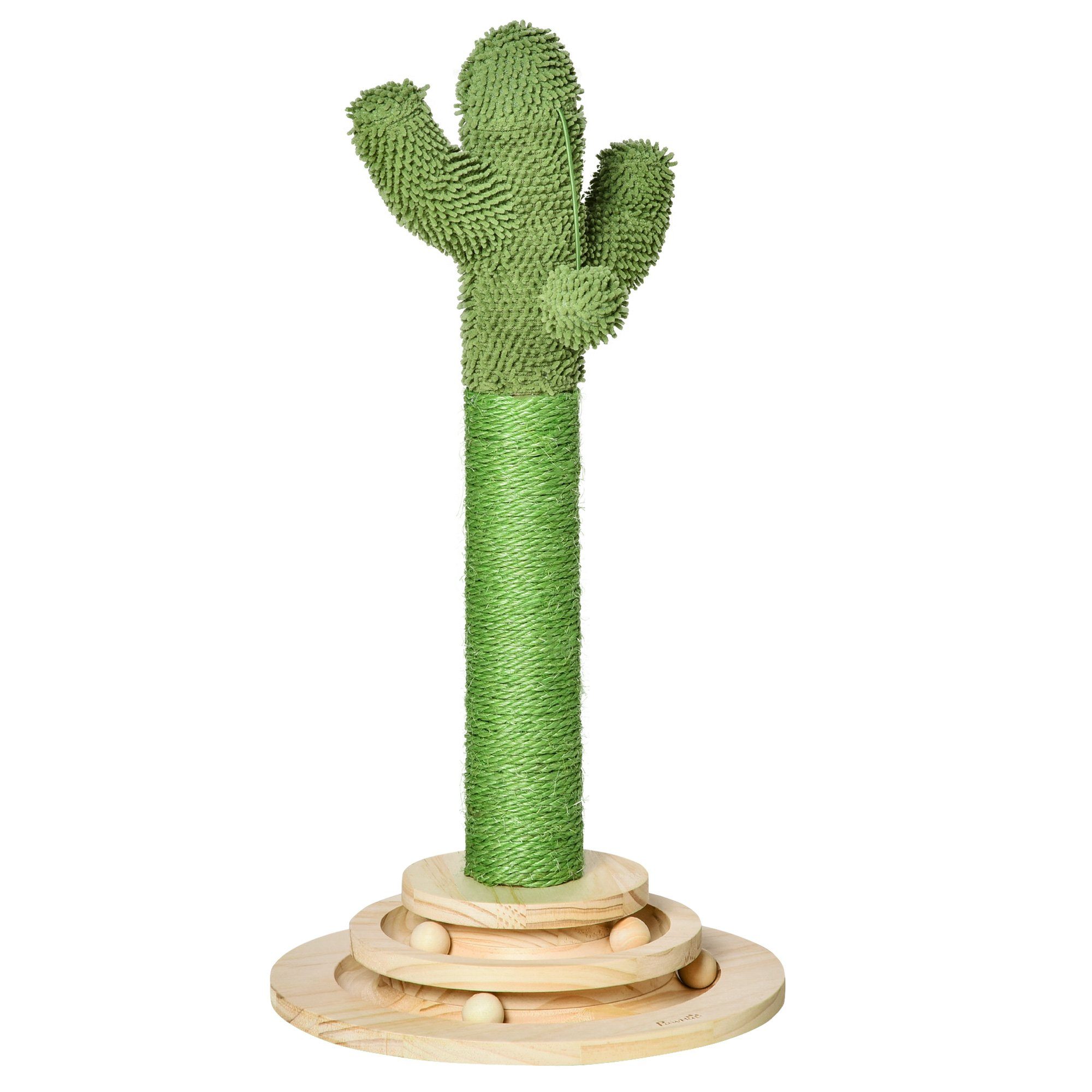 PawHut Kratzbaum Kaktus Kiefernholz Sisal Seil Kratzstamm mit Holzkugel-Katzenspielzeug, 60 cm Hoch