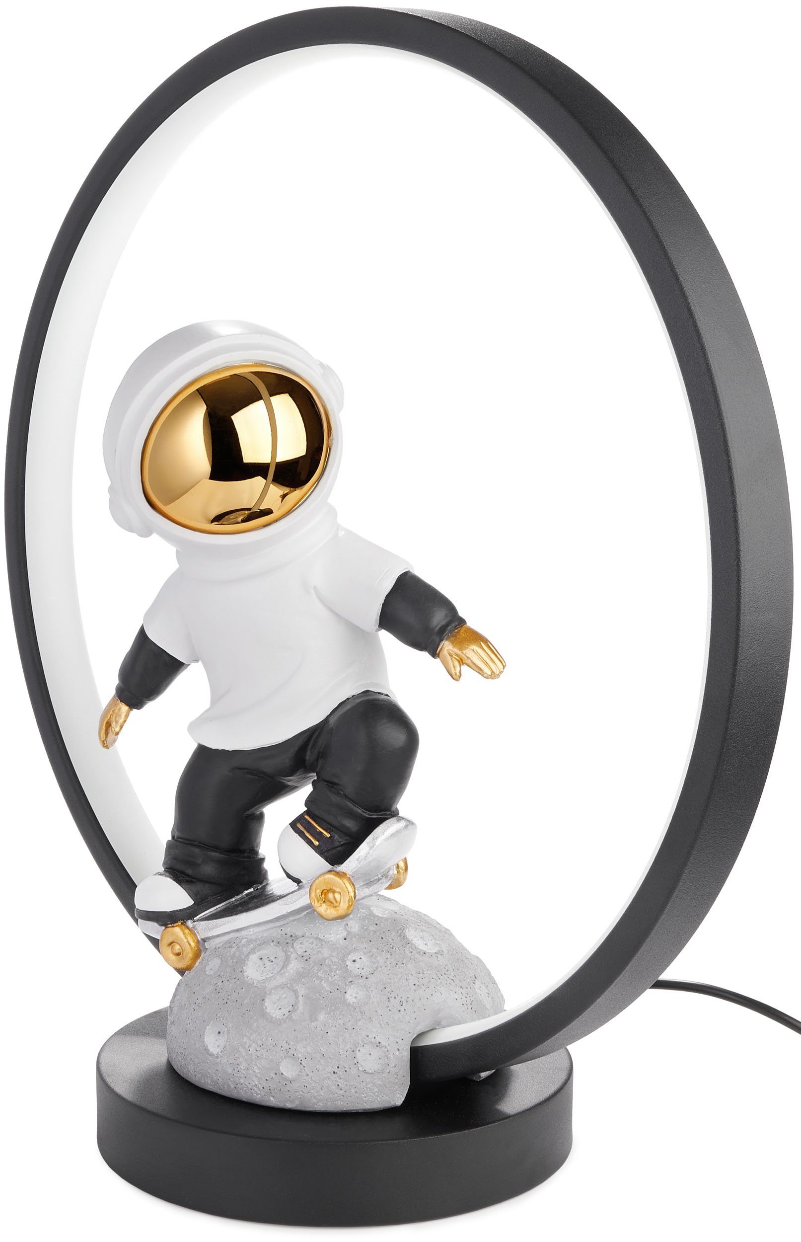 Handbemalte Skateboard Weltraum dem Deko-Lampe Astronaut cm Tischleuchte LED indirekter Moderne LED USB-C und Stecker, mit auf fest Skateboarder Nachttischlampe Mond - - LED-Ring, Tischlampe integriert, 33 mit Beleuchtung BRUBAKER