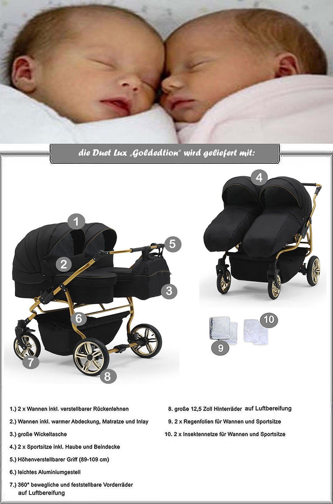 Zwillingswagen Lux 10 - Cappu-Schwarz 2 Duet Zwillingskinderwagen Teile - 1 babies-on-wheels 33 in Farben in