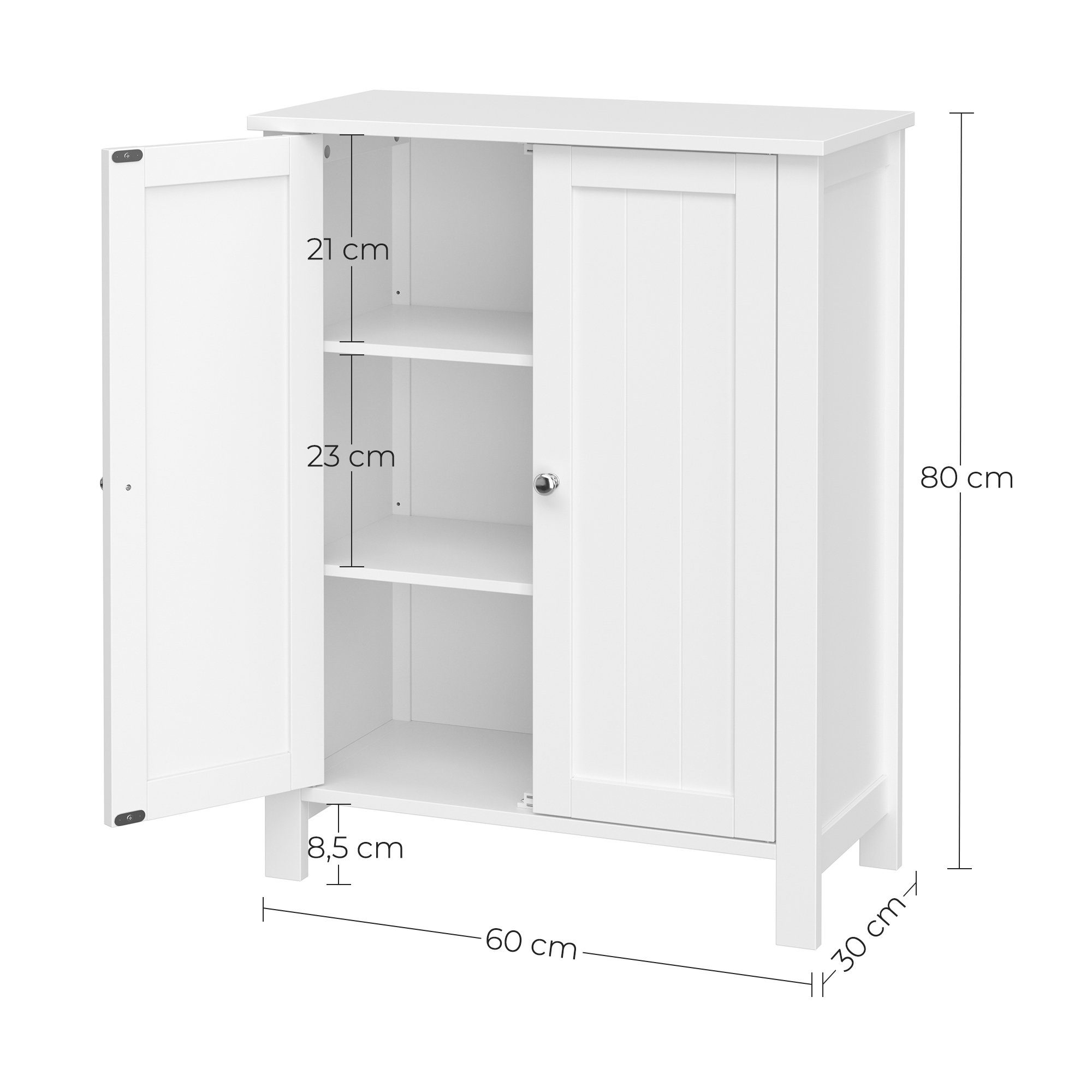 VASAGLE Badkommode Badezimmerschrank, 2 cm 80 weiß verstellbare Ebene, 60 30 x x