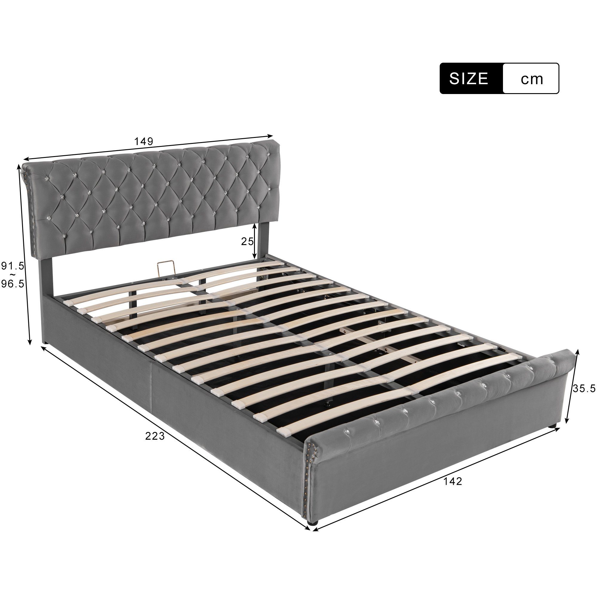 Boxspringbett (Doppelbett 140 x 200 cm, Polsterbett mit kristall schnalle, Lattenrost und Bettkasten), Hydraulisches Bett Funktionsbett mit höhenverstellbar Kopfteil, Samt