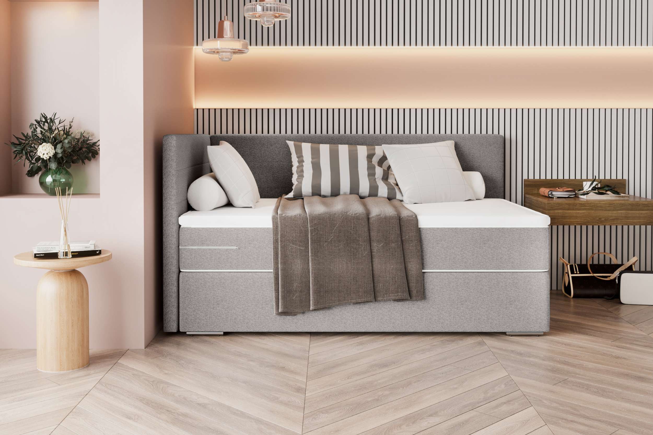 99rooms Boxspringbett Phönix Mini Plus (Schlafzimmerbett, Bett), mit Taschenfederkernmatratze und Topper, in Webstoff MALMO_NEW