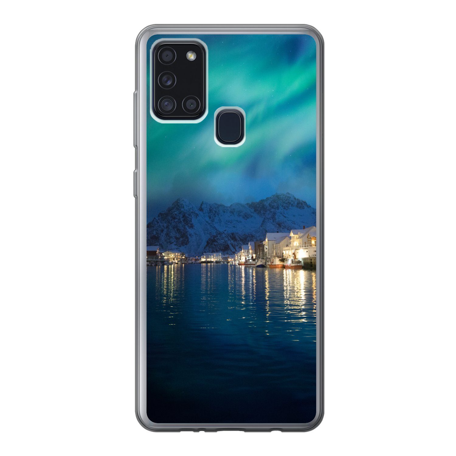 MuchoWow Handyhülle für Samsung Galaxy A21s Nordlichter - Norwegen - Berg, Smartphone-Bumper, Print, Handy Schutzhülle Dünn