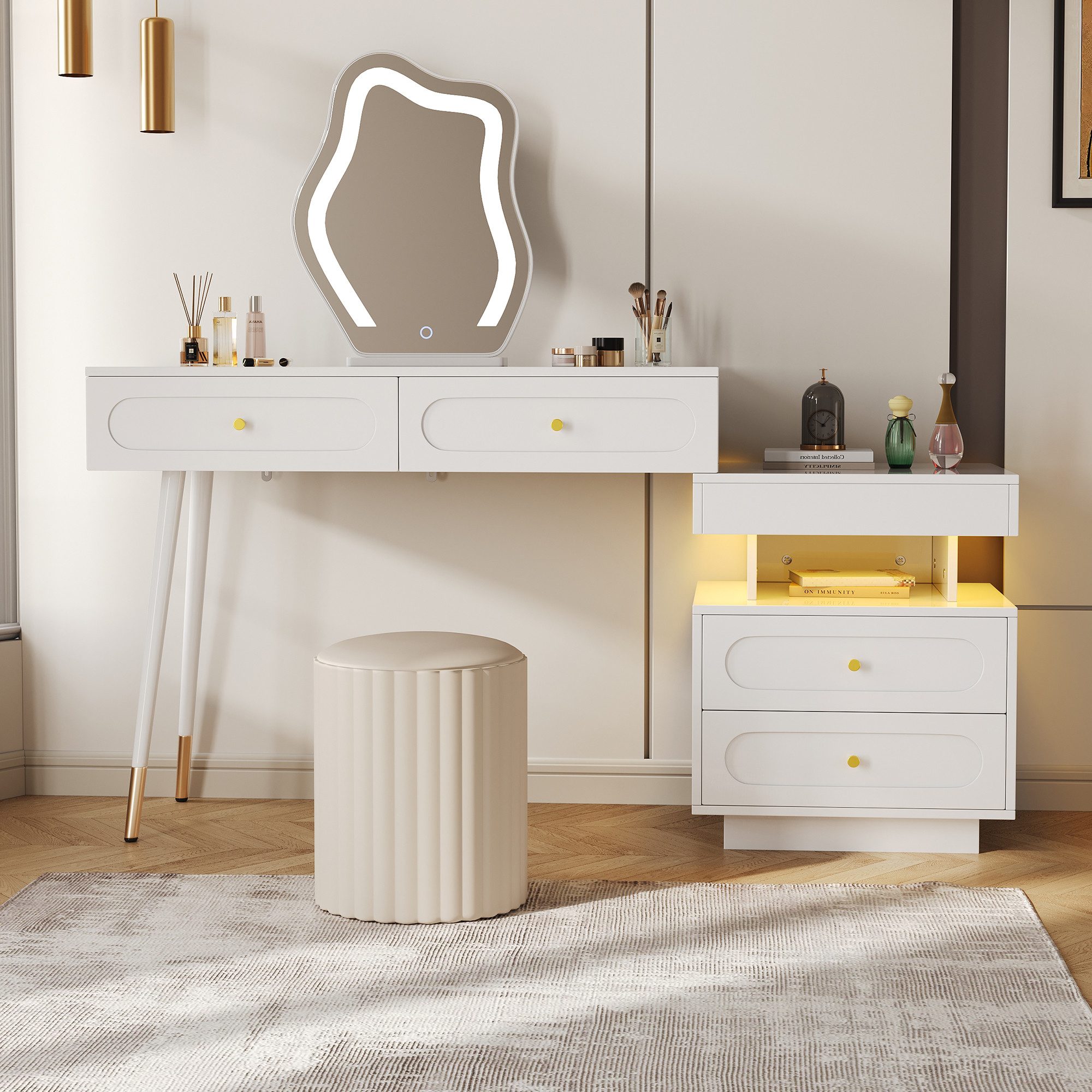 Flieks Schminktisch, Friseurtisch 100x40x130cm mit LED-Spiegel und Nachttis günstig online kaufen