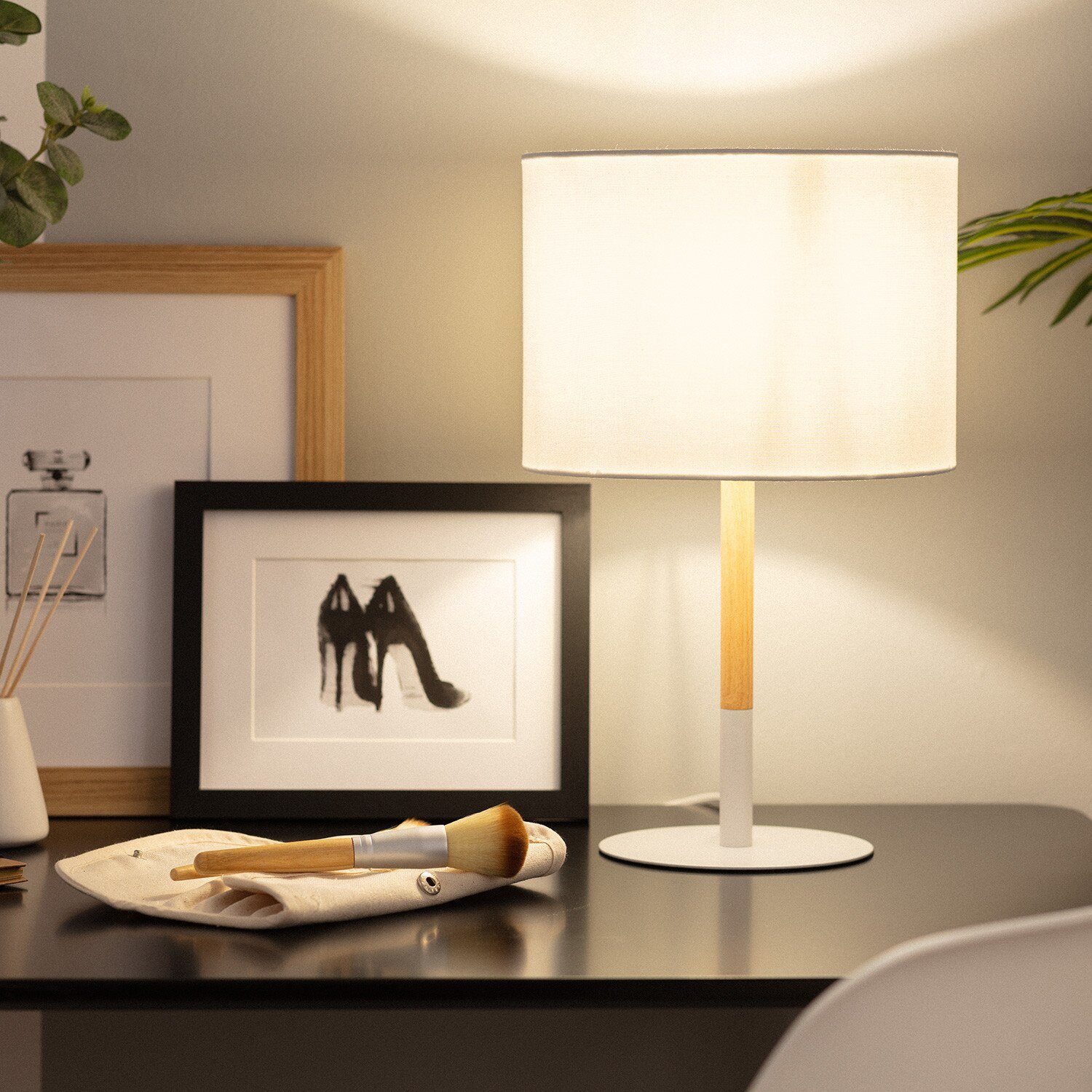 mit Aesthetic Holz-Tischleuchte Living Weiß Leuchtmittel Tischleuchte Kleine Lampenschirm, Silinda ohne