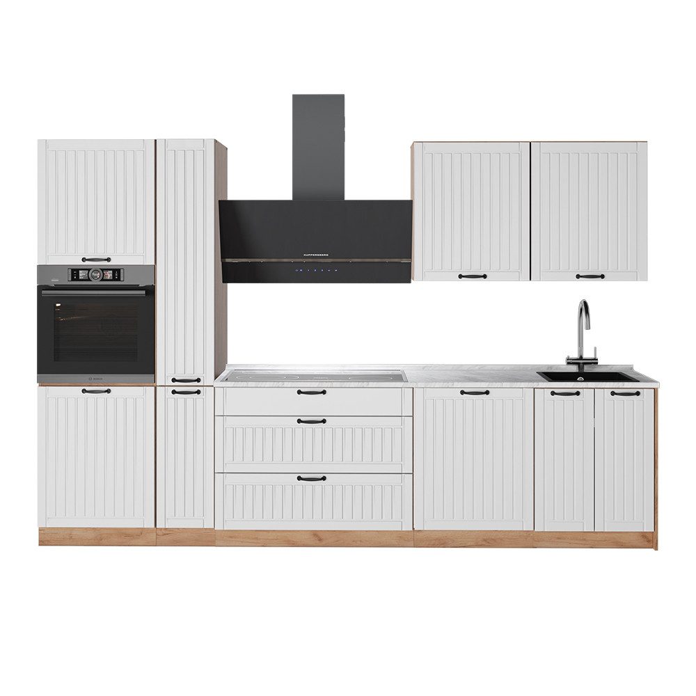 Vicco Küchenzeile Fame-Line, Weiß Landhaus/Goldkraft Eiche, 310 cm, AP Marmor