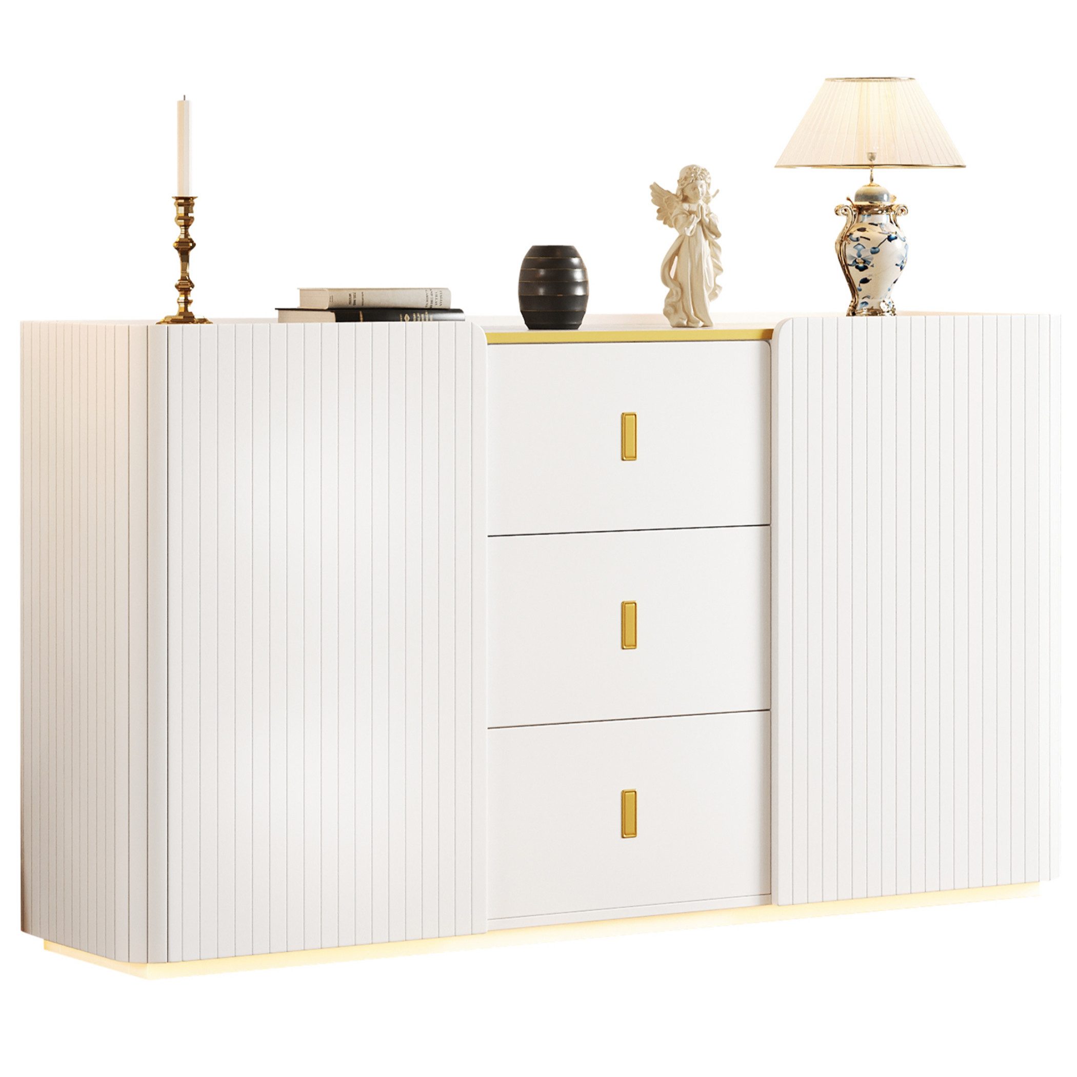 SeedWave Sideboard LED Sideboard, Landhausstil Kommode mit 2 Türen, 3 Schaubkästen, Kommode mit runden Ecken, verstellbarer LED-Beleuchtung