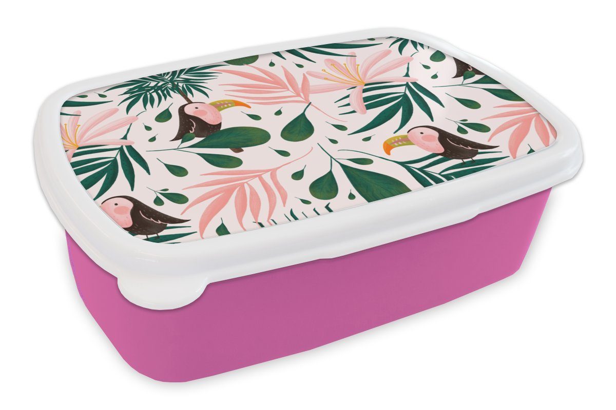 MuchoWow Lunchbox Tukan - Vogel - Blatt - Dschungel, Kunststoff, (2-tlg), Brotbox für Erwachsene, Brotdose Kinder, Snackbox, Mädchen, Kunststoff rosa