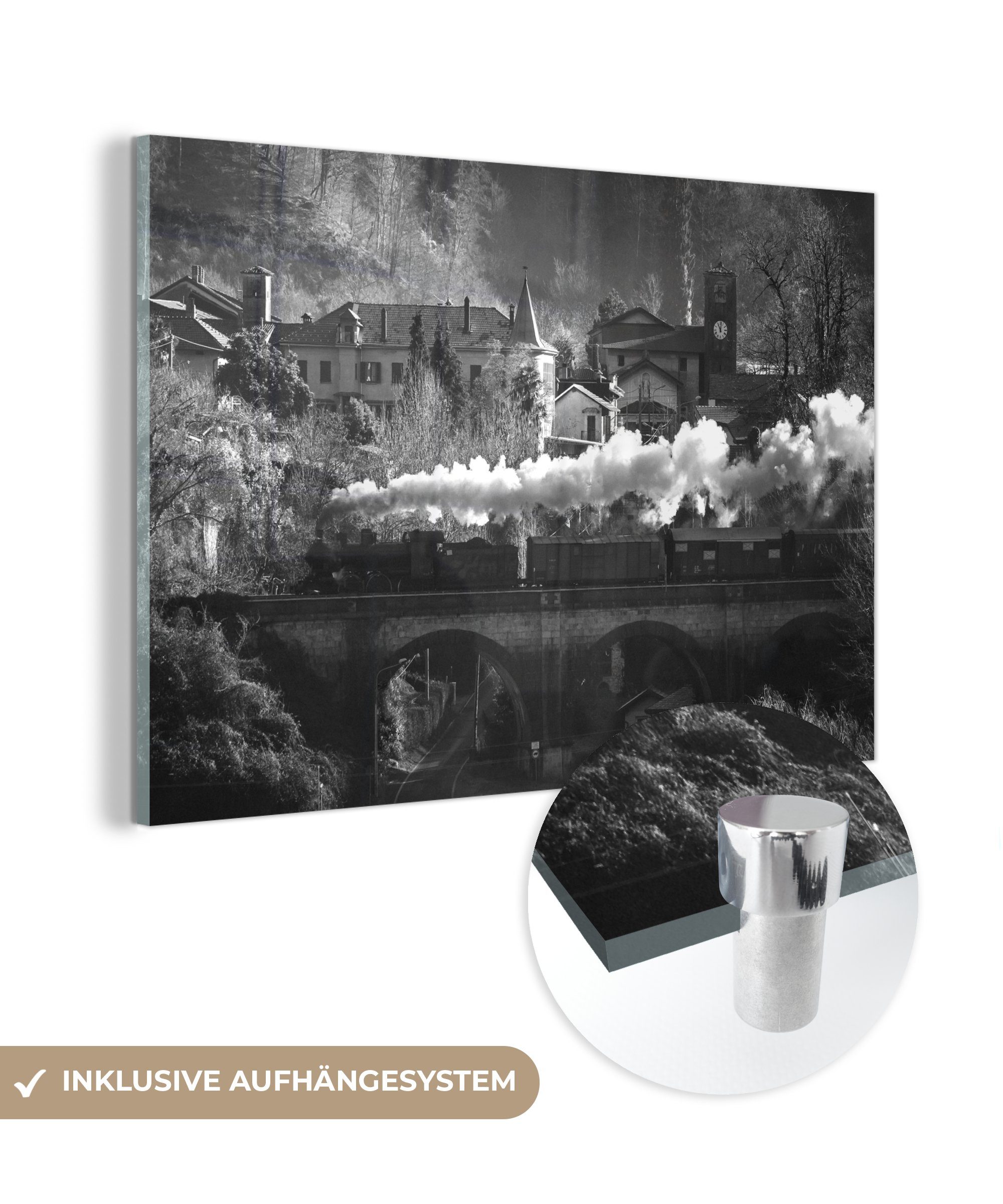 MuchoWow Acrylglasbild Schwarz-Weiß-Fotografie eines Dampfzuges auf einer Brücke, (1 St), Acrylglasbilder Wohnzimmer & Schlafzimmer