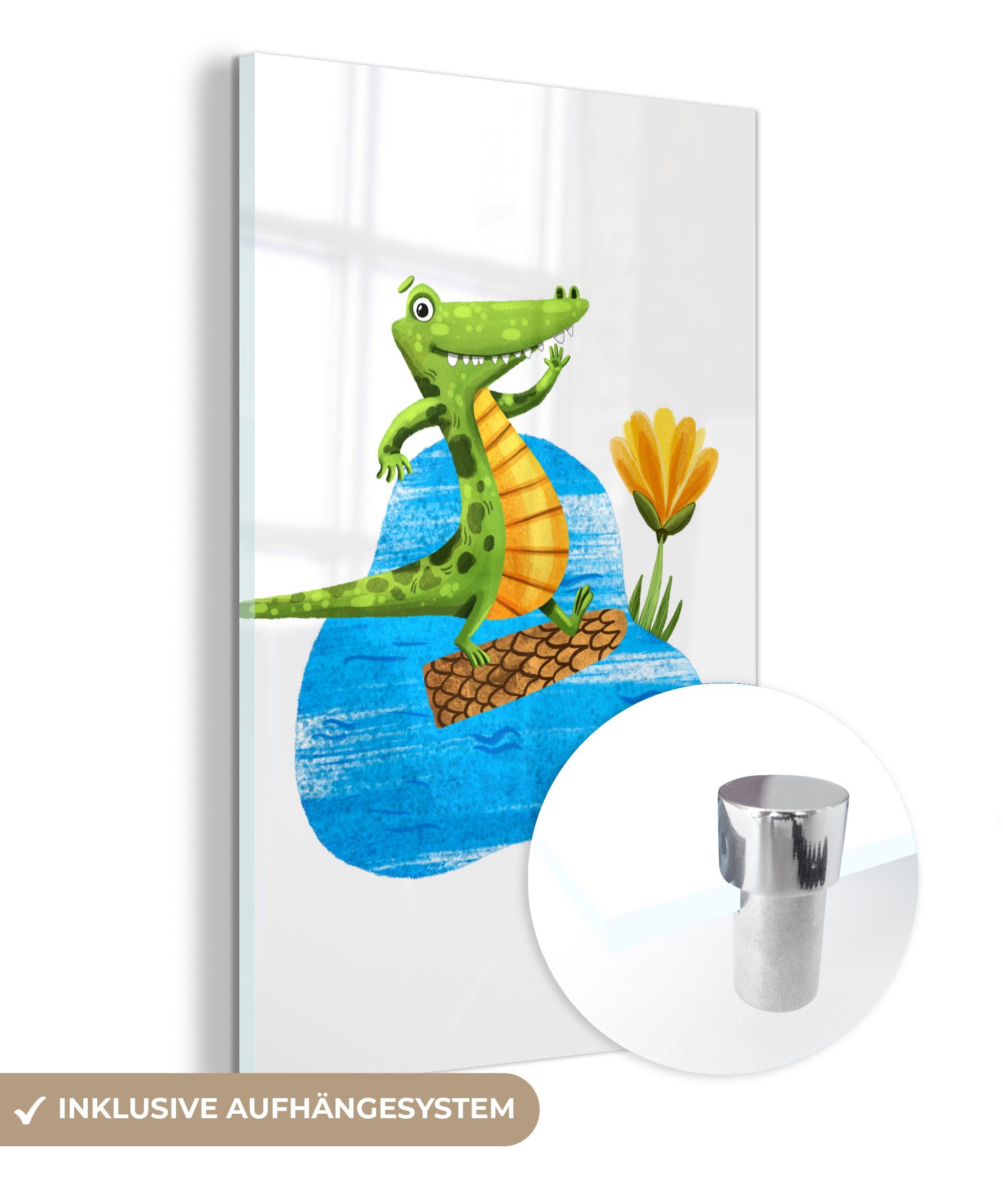 MuchoWow Acrylglasbild Krokodil - Blume - Dschungel, (1 St), Glasbilder - Bilder auf Glas Wandbild - Foto auf Glas - Wanddekoration