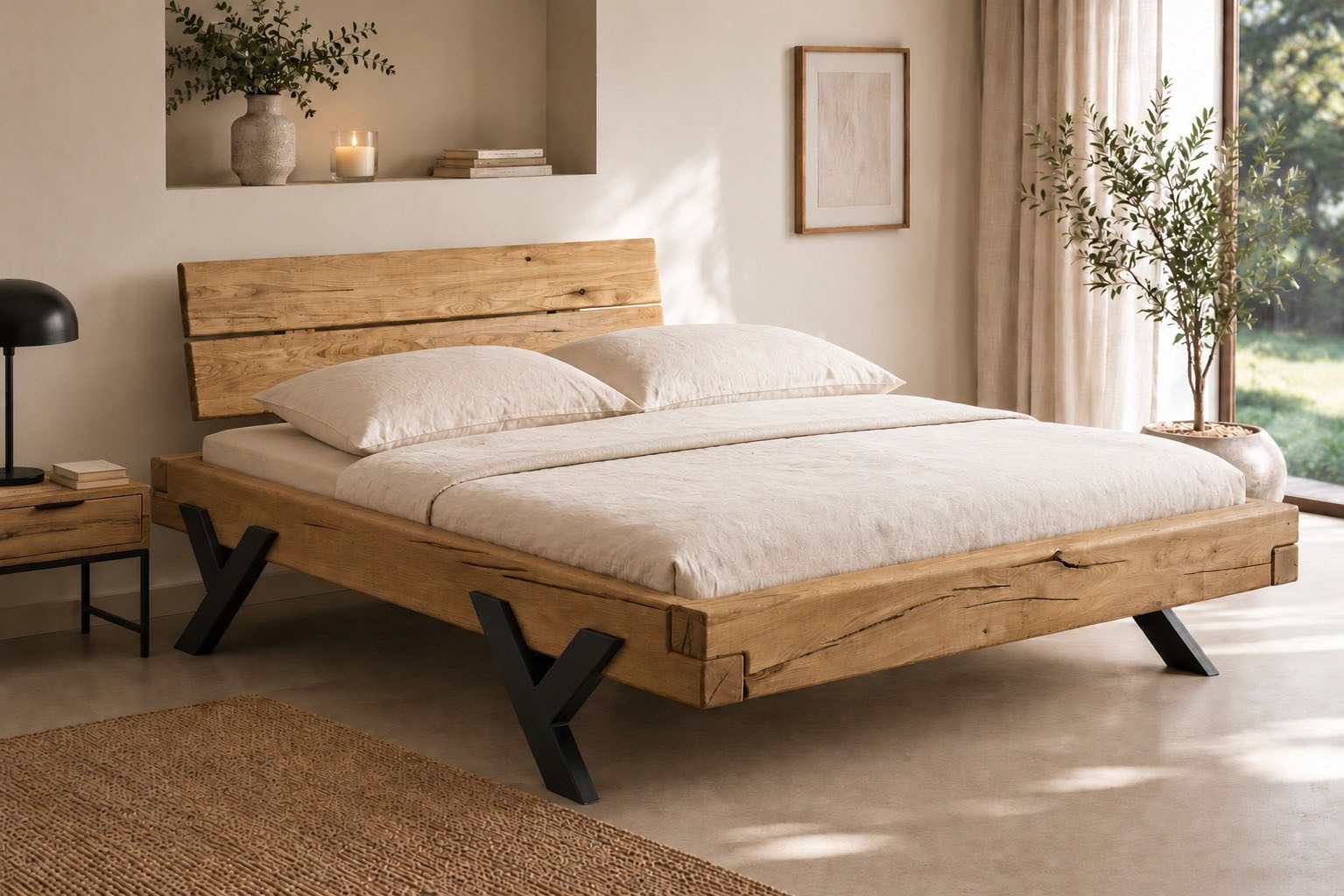 OTTO home Massivholzbett Ultima Balkenbett Doppelbett, Füße aus Metall in Y-Form (hohe Belastbarkeit: 200kg je Seite), FSC®-zertifizierte Wildeiche oder Fichte, viele Breiten zur Auswahl