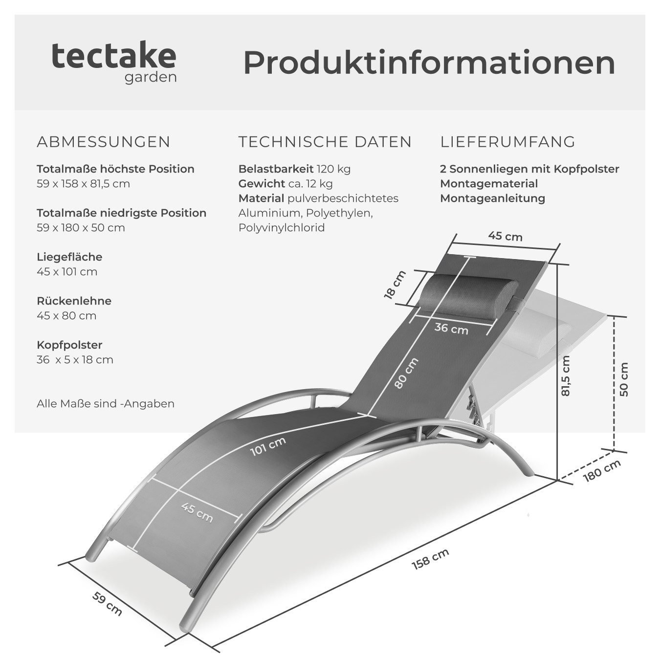 tectake Gartenliege 2er Set Gartenliege, Set, 2 St., 5-fach verstellbare Rückenlehne