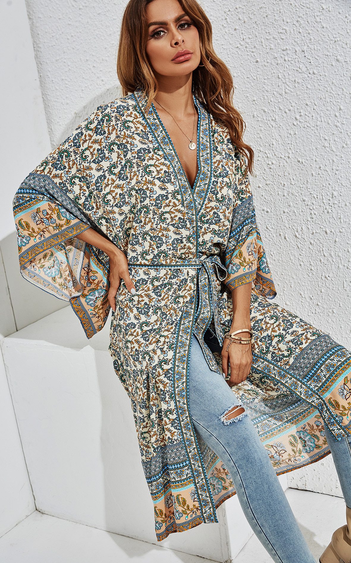 Blusenkimono Luftiger Blusenkimono mit Bindegürtel - Lässiger Baumwollkimono