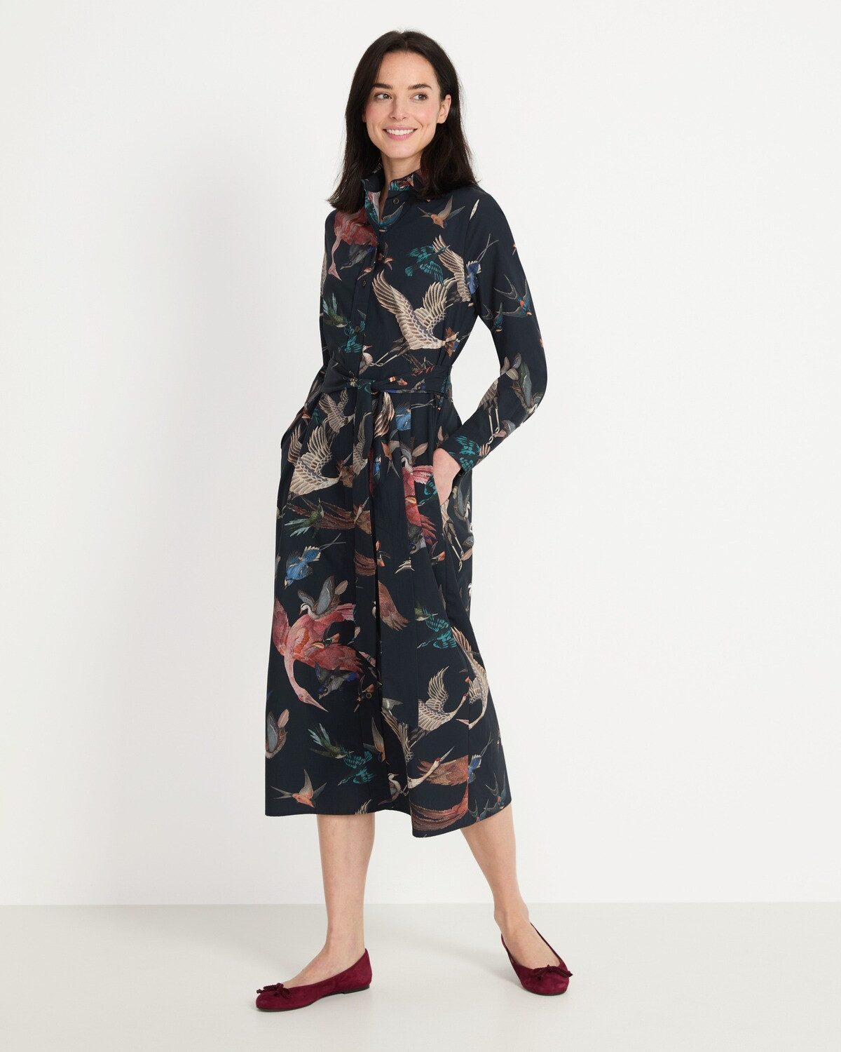 Brigitte von Schönfels Midikleid Hemdblusenkleid mit Vogelmotiven
