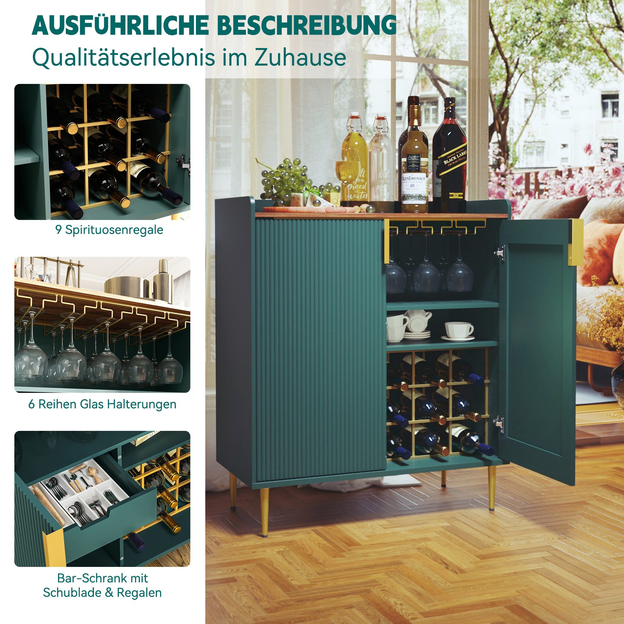 HOLTICO Weinschrank Multifunktionaler Bar-Schrank, moderner Kaffeetresen-Schrank (1-St) mit 9 Flaschenregalen, 6 Glas-Halterungen, Schublade & Regalen – Bild 5 von 5