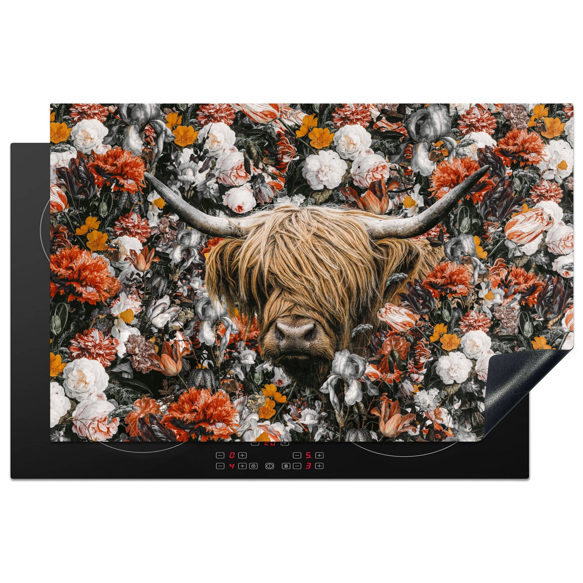 MuchoWow Herdblende-/Abdeckplatte Schottischer Highlander - Blumen - Schwarz - Weiß, Vinyl, (1 tlg), 81x52 cm, Induktionskochfeld Schutz für die küche, Ceranfeldabdeckung