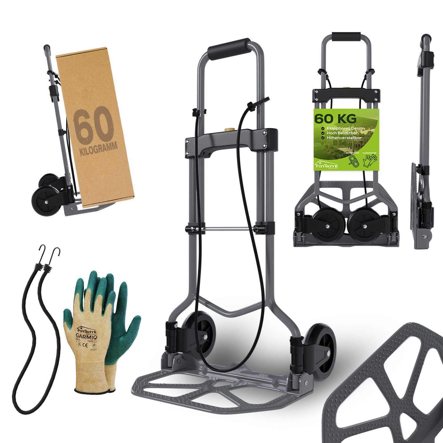 TroniTechnik Sackkarre Transportkarre Handkarre Handwagen, klappbar bis 60kg Tragfähigkeit, (Transportkarre mit Tragegriff, rutschfeste Transportfläche, BxTxH 38x37x96cm, mit Spanngummiseil für sicheren Transport), faltbar, Transportkarre, mit Schaumstoffgriff