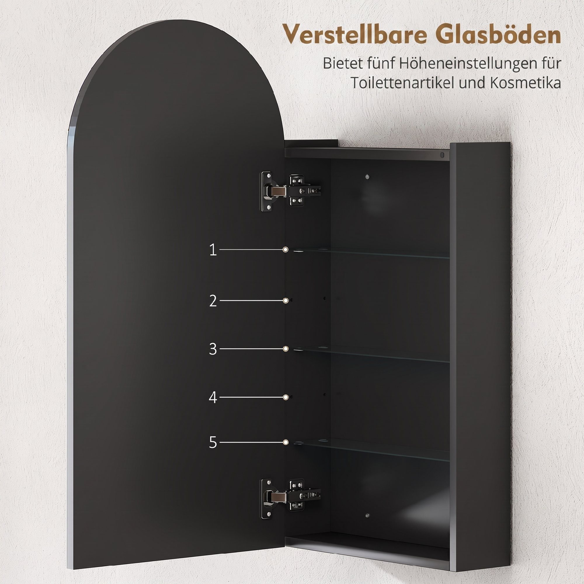 HOMCOM Spiegelschrank Hängender Badschrank mit Regalen (Set, 1-St., Spiegelschrank) Rahmenloser Bogenspiegel, Soft-Close, Glasböden – Bild 5 von 5
