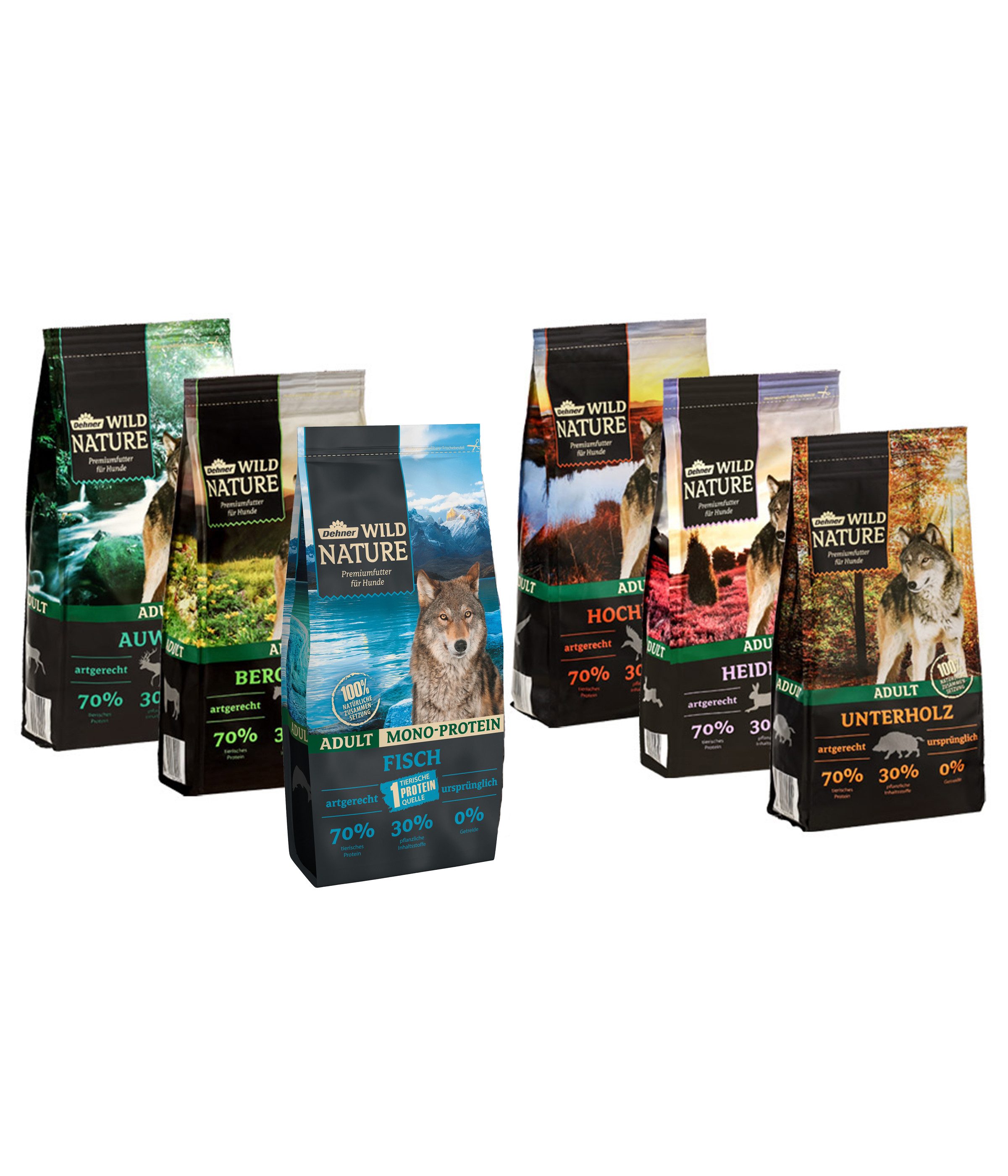 Dehner Wild Nature Probier-Set Adult, Fisch / Wild / Pferd, 6 x 1 kg (6 kg), Trockenfutter für: Hunde, Trockenfutter für ausgewachsene Hunde, getreidefrei / zuckerfrei