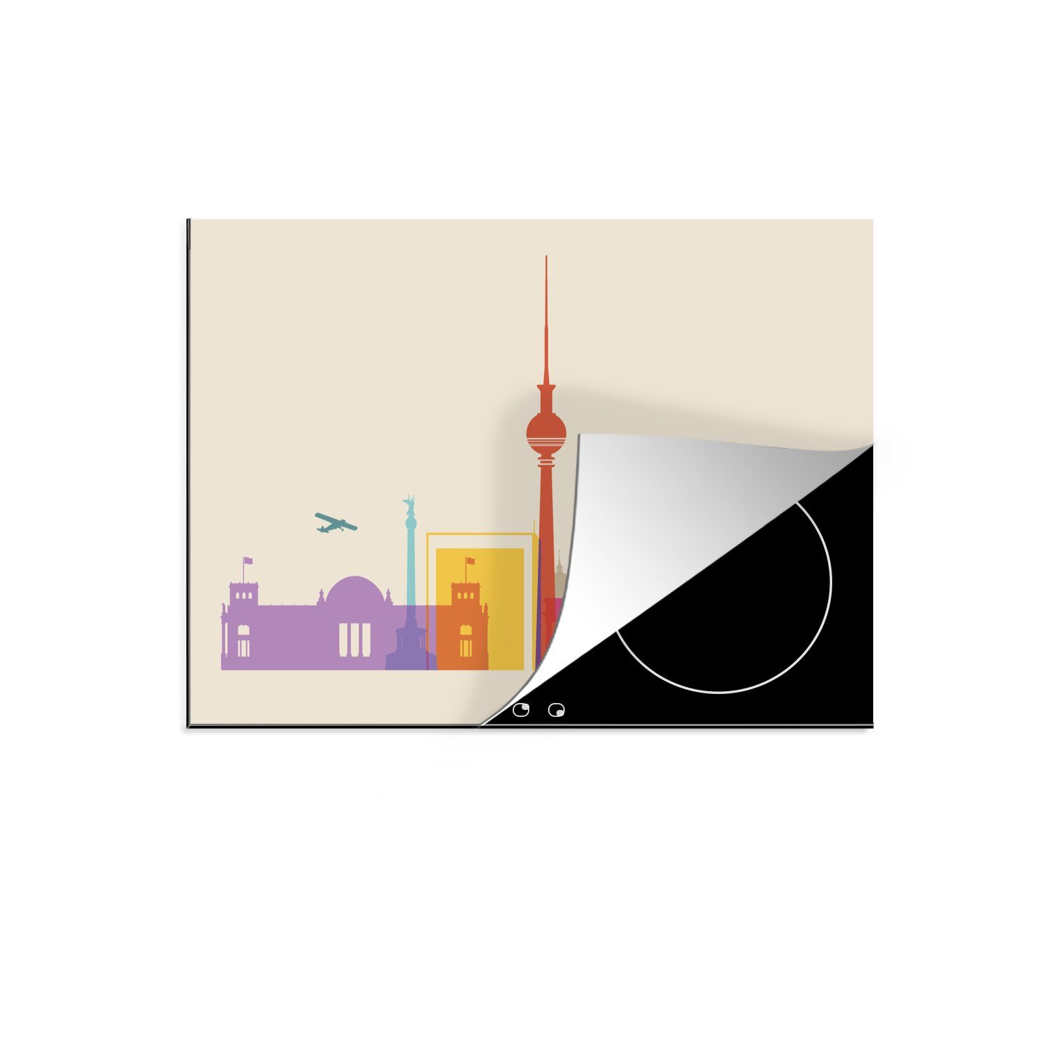 MuchoWow Herdblende-/Abdeckplatte Illustration der berühmtesten Gebäude in Berlin, Vinyl, (1 tlg), 70x52 cm, Mobile Arbeitsfläche nutzbar, Ceranfeldabdeckung