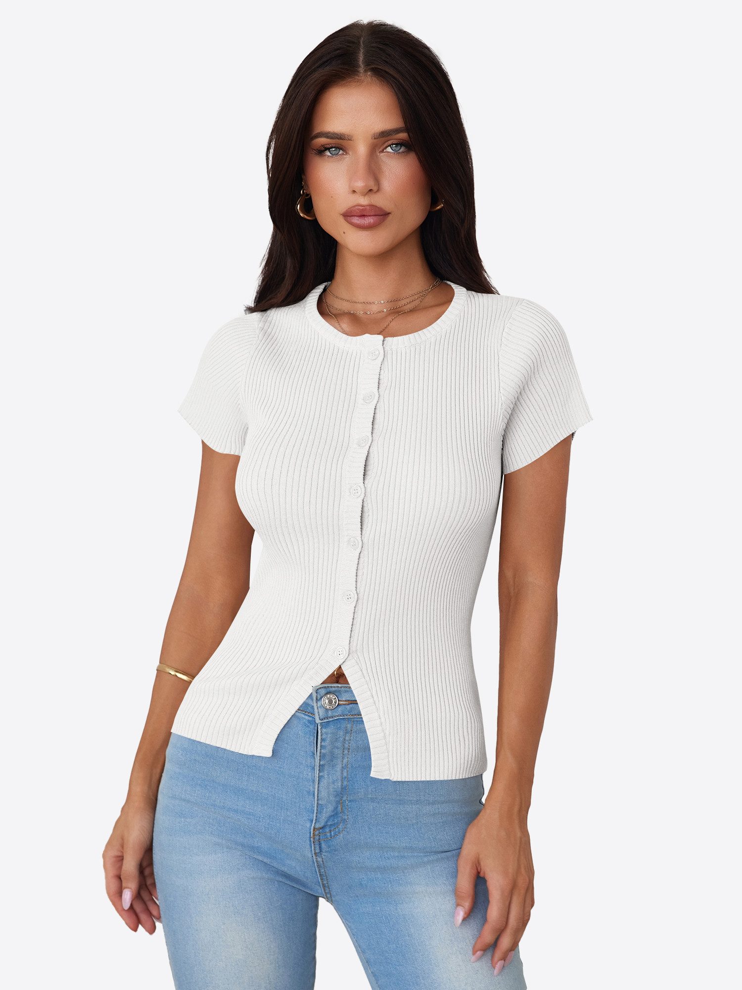 Imily Bela Kurzarmshirt Damen geripptes Strickoberteil Rundhals Knopfleiste Basic Top (Packung, 1-tlg., 1per-Pack) mit geschlitzter Saum in Unifarbe