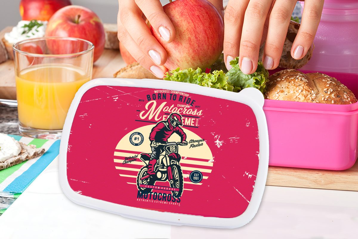 MuchoWow Mädchen, Erwachsene, Kunststoff, (2-tlg), - Kinder, Lunchbox Mann Brotdose rosa Brotbox Kunststoff für Motorrad Oldtimer, - Snackbox,