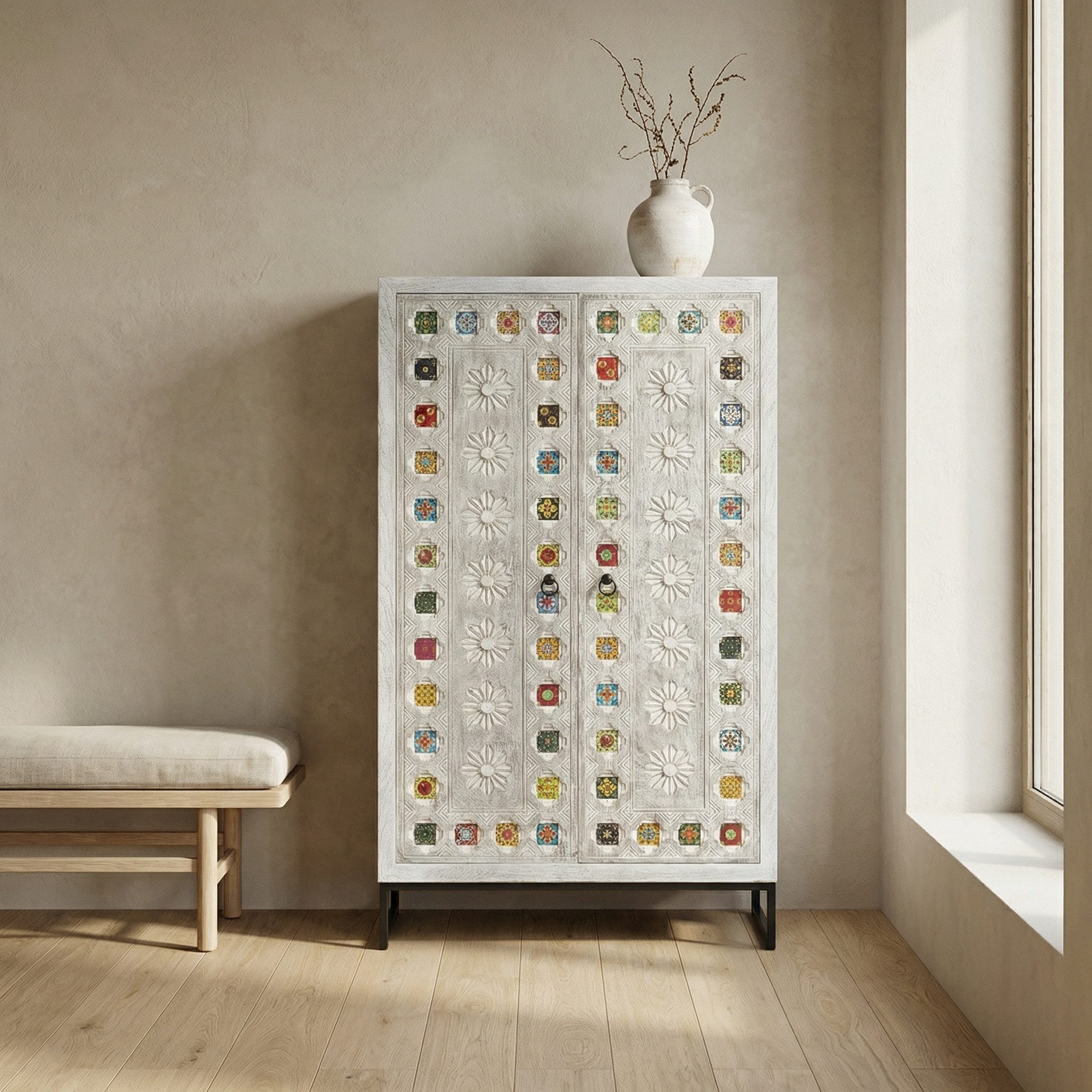 Marrakesch Orient & Mediterran Interior Highboard Boho Deko Highboard Kleiderschrank Schrank Massivholz Kahir (1 St), Handarbeit