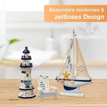 Flanacom Badaccessoires-Sets Maritime Badezimmer Deko - Holz Decor Accessoires, 3er Set, Leuchtturm, Segel-Schiff und Strand-Stuhl