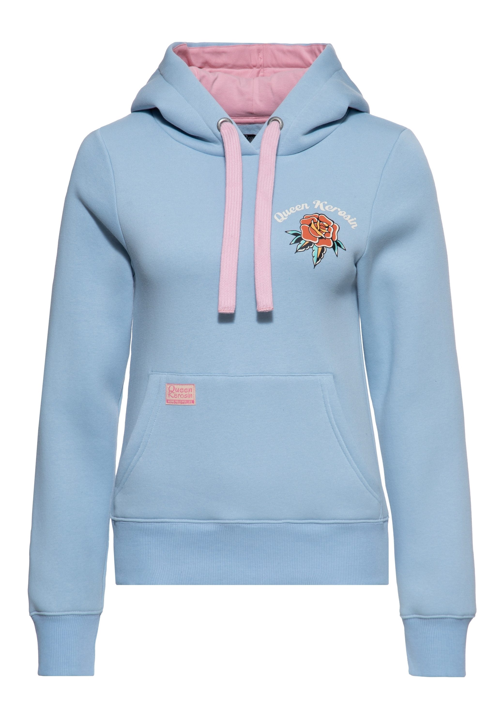QueenKerosin Kapuzenpullover Fuck you Großflächiger Rückenprint mit Winkekatze